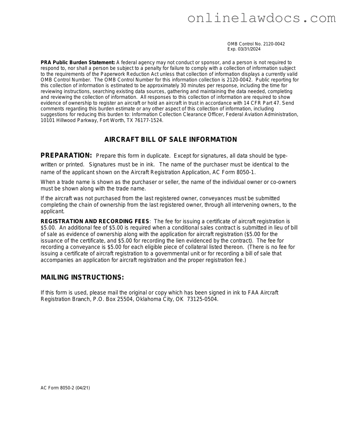 Fill a Valid Aircraft Bill of Sale AC 8050-2 Form