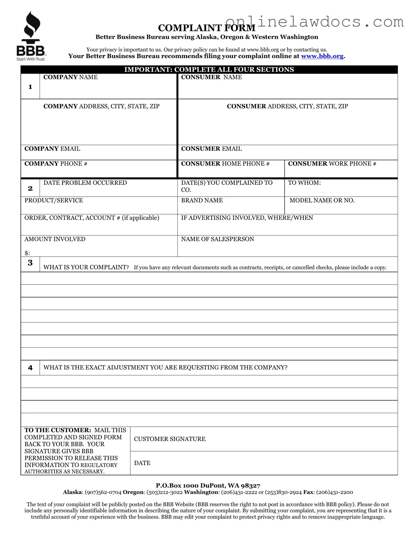 Fill a Valid Bbb Complaint Form