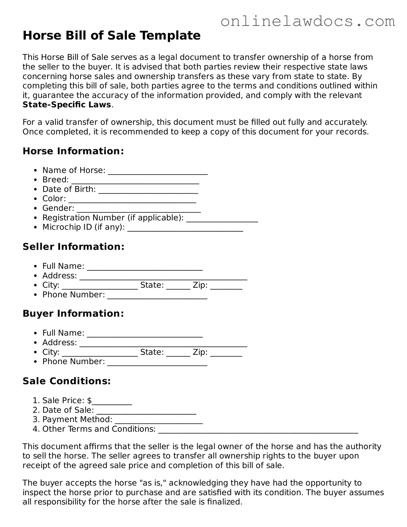 Free Horse Bill of Sale Document