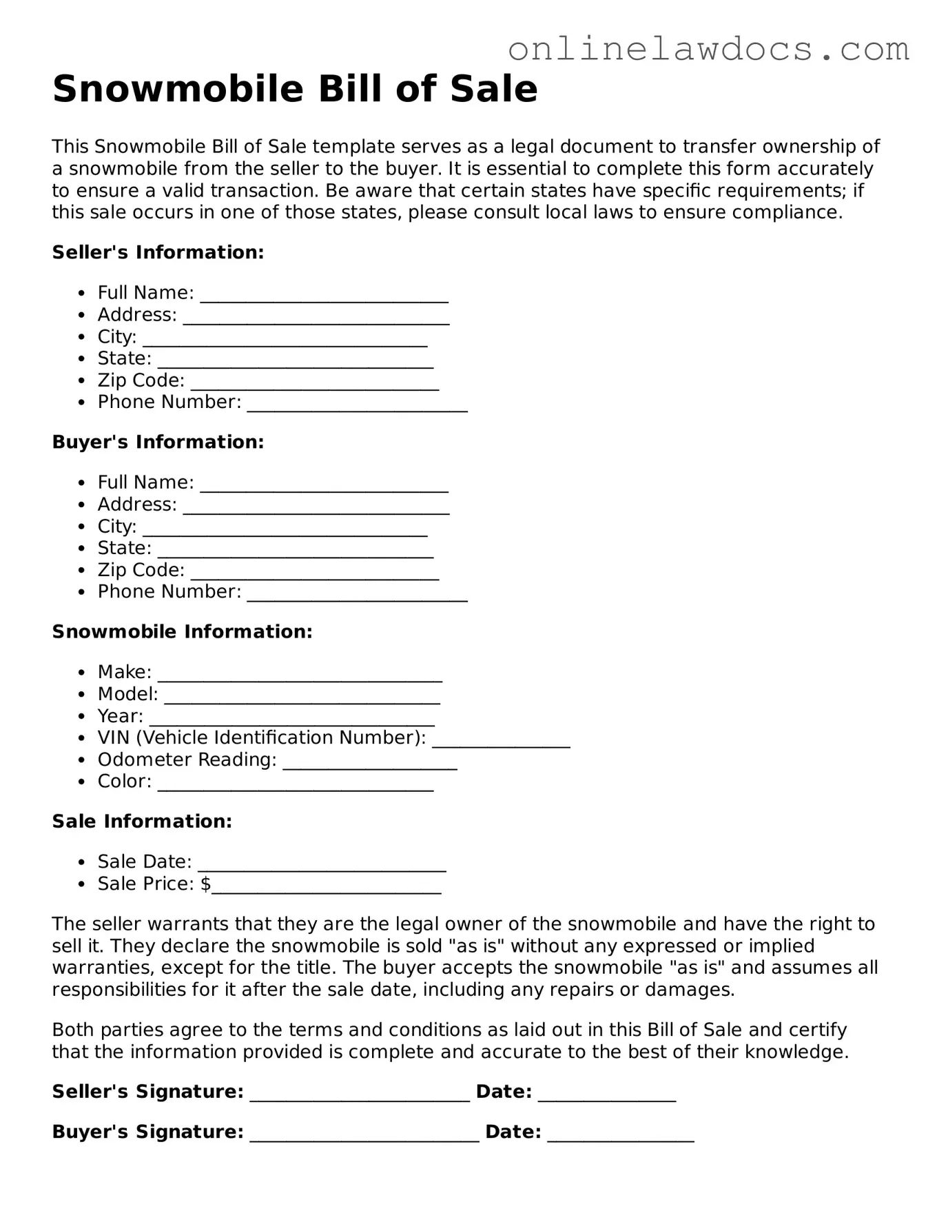 Free Snowmobile Bill of Sale Document