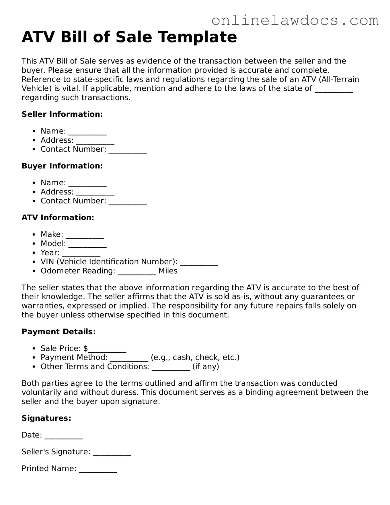 Free ATV Bill of Sale Document