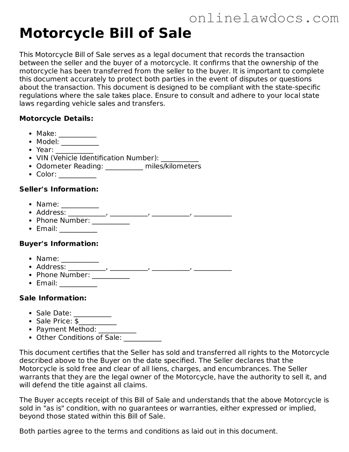 Free Motorcycle Bill of Sale Document