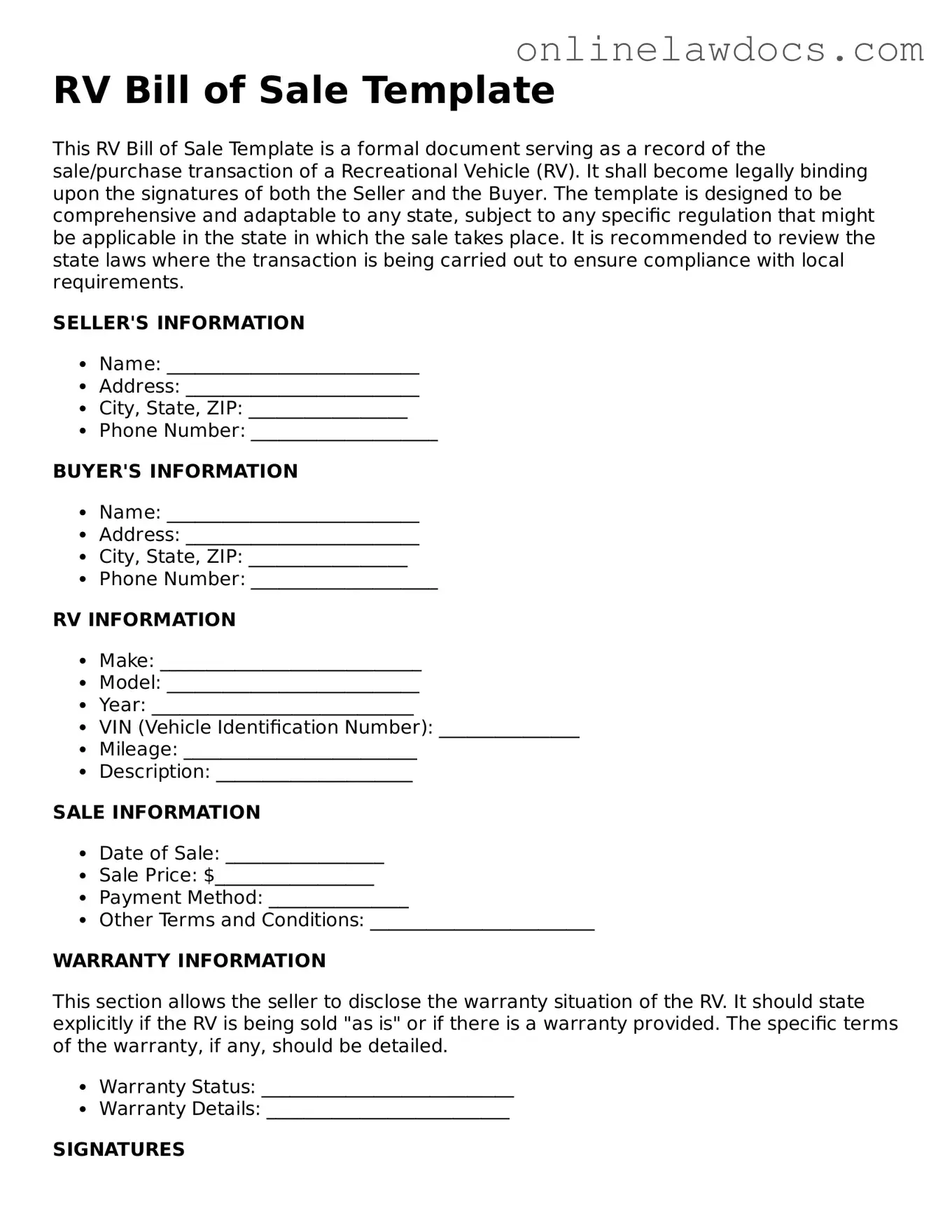Free RV Bill of Sale Document