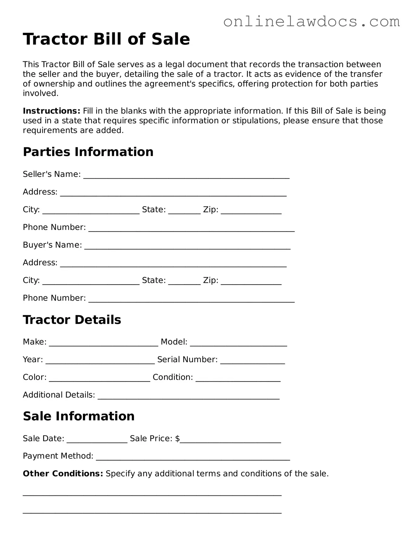 Free Tractor Bill of Sale Document