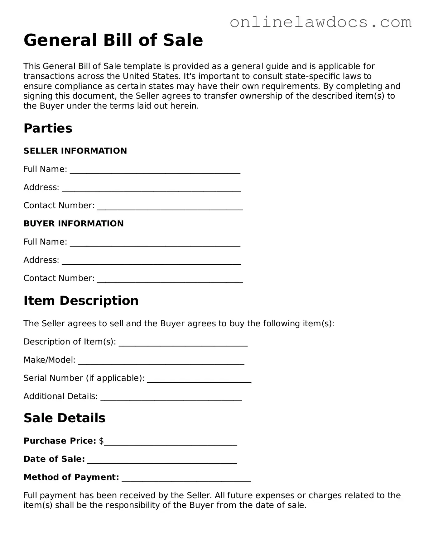 Free General Bill of Sale Document