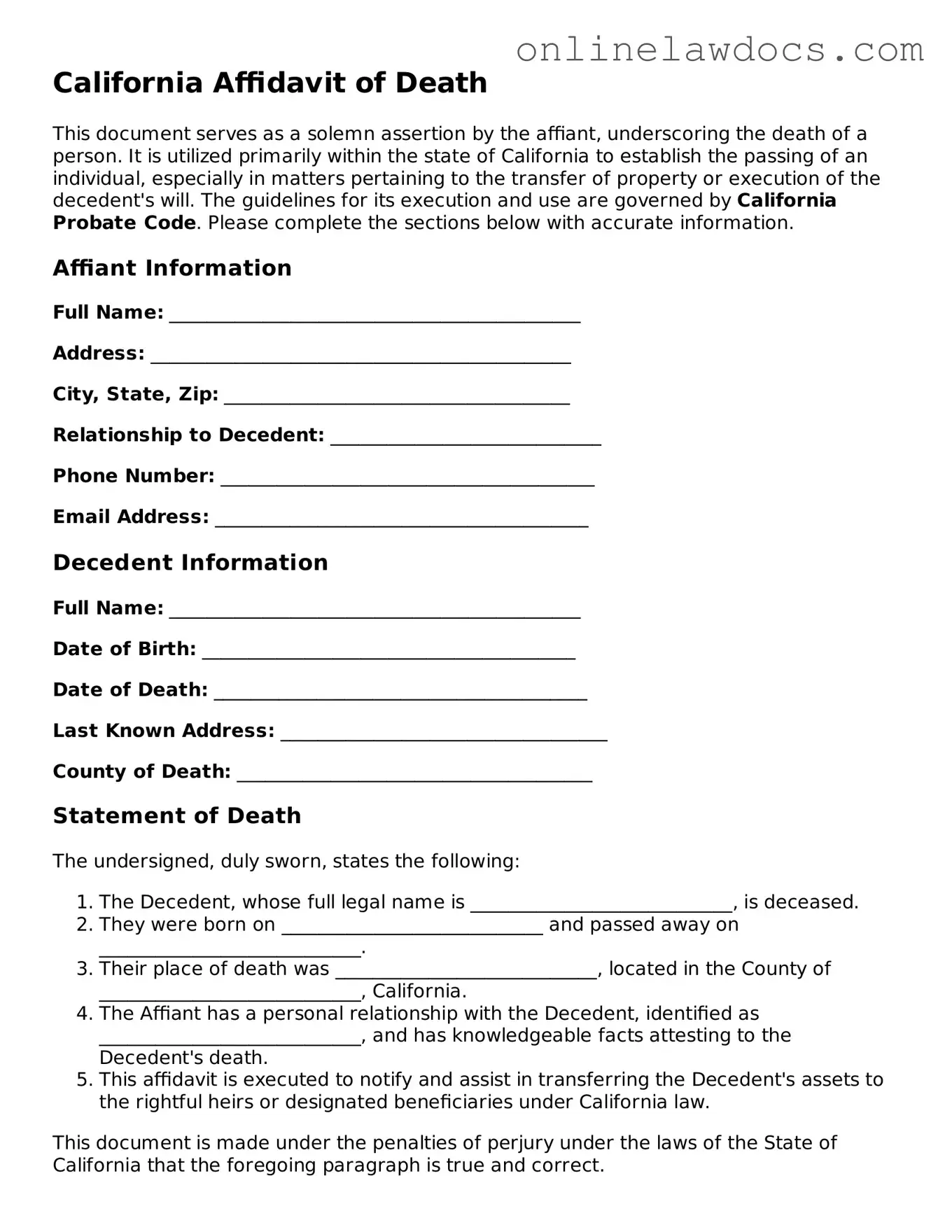 Legal  Affidavit of Death Document for California