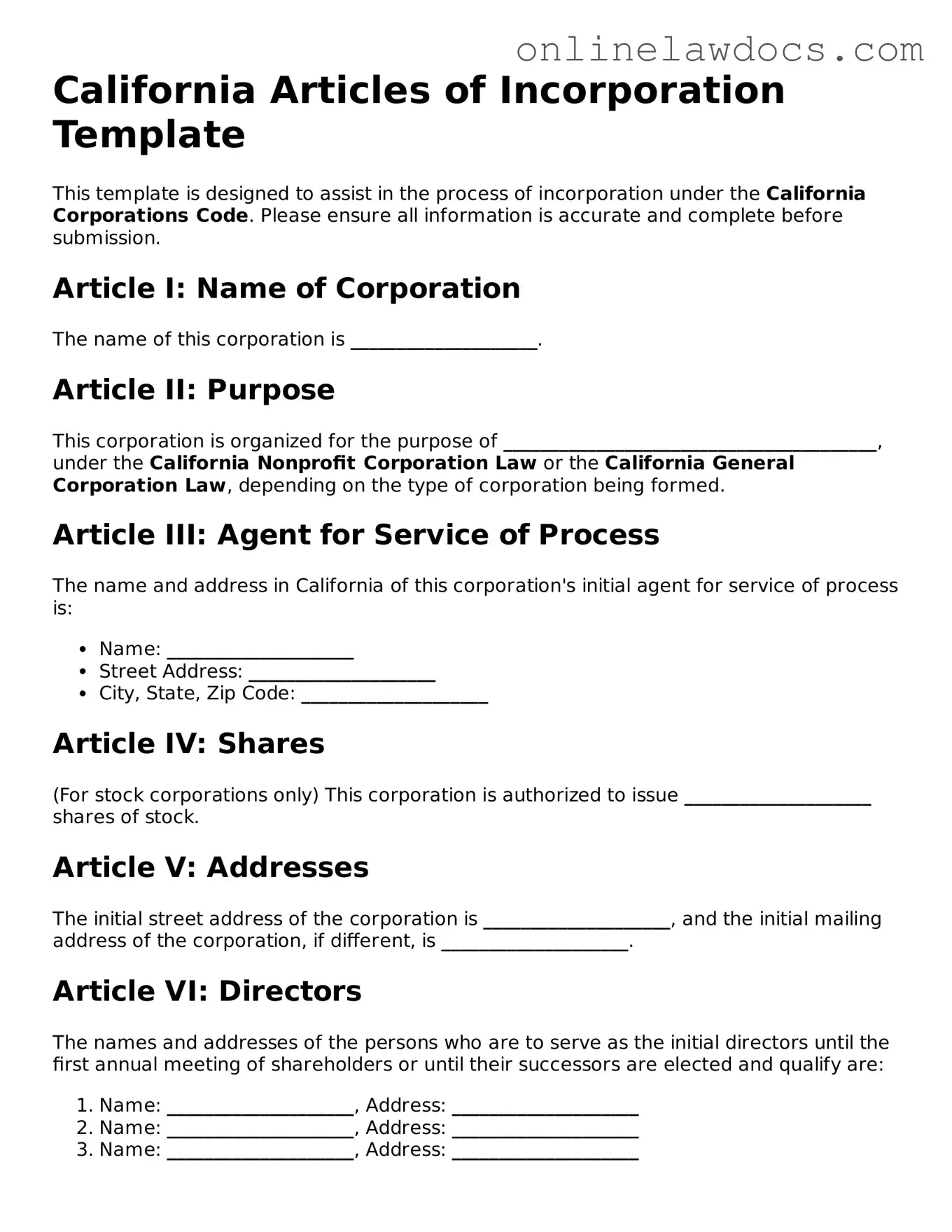 Legal  Articles of Incorporation Document for California