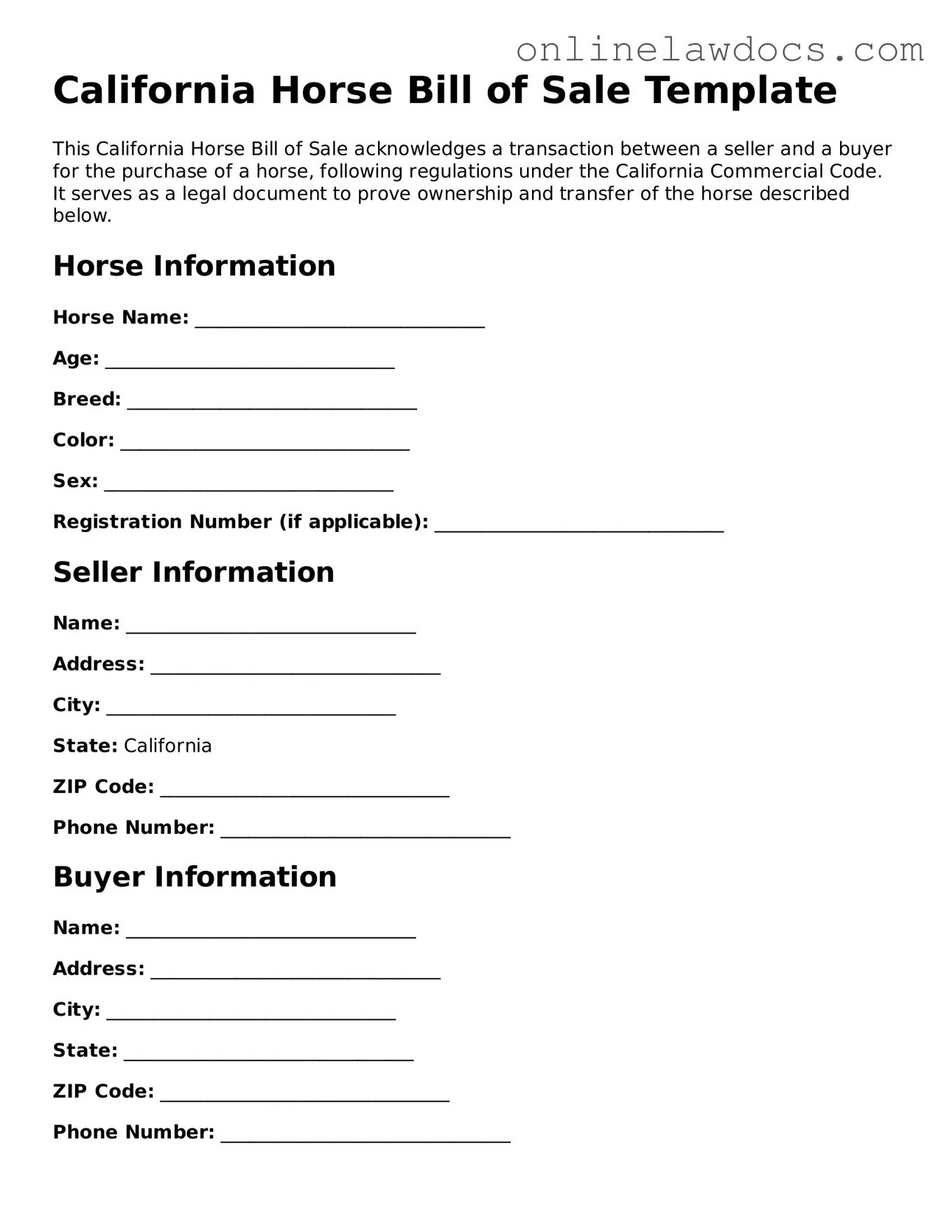 Legal  Horse Bill of Sale Document for California