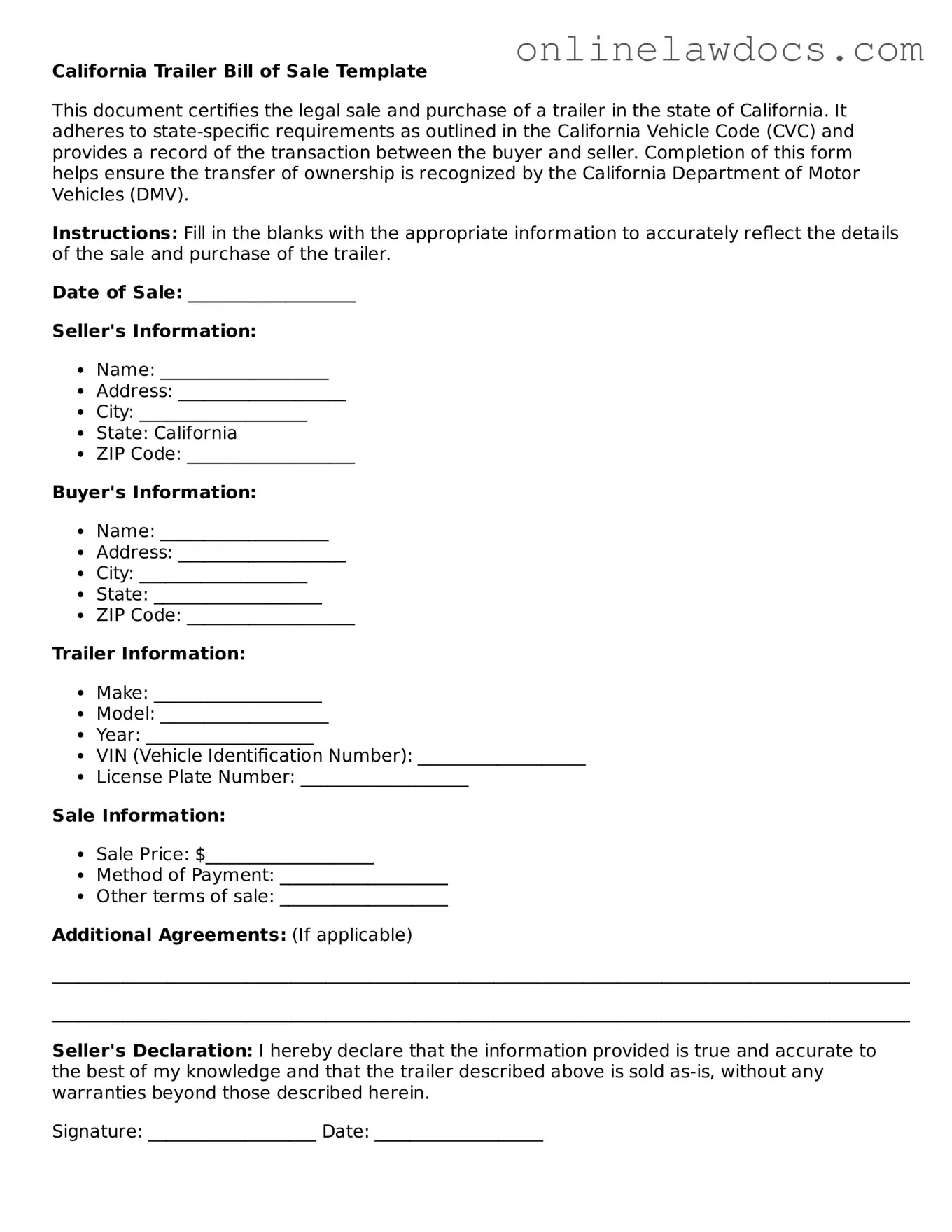 Legal  Trailer Bill of Sale Document for California