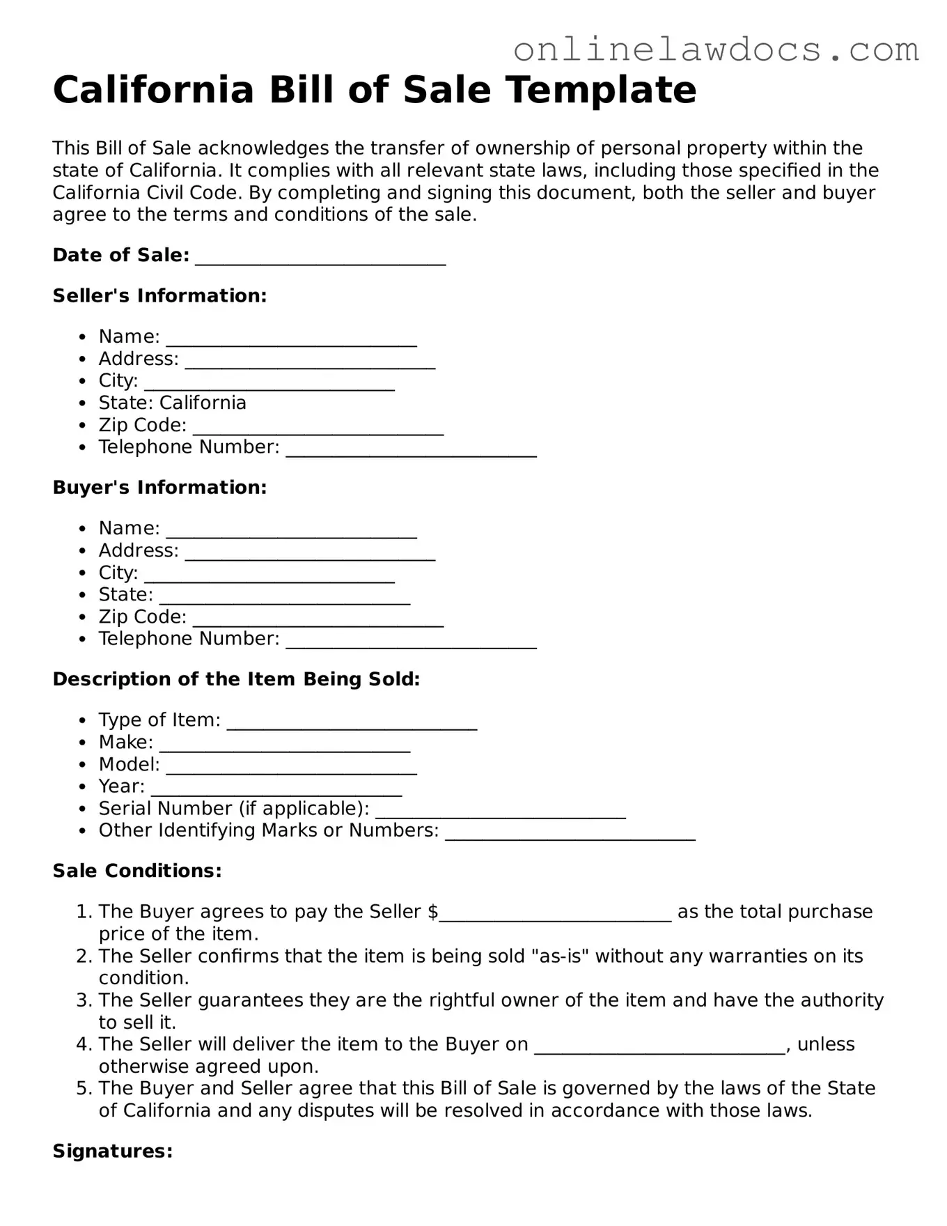 Legal  Bill of Sale Document for California
