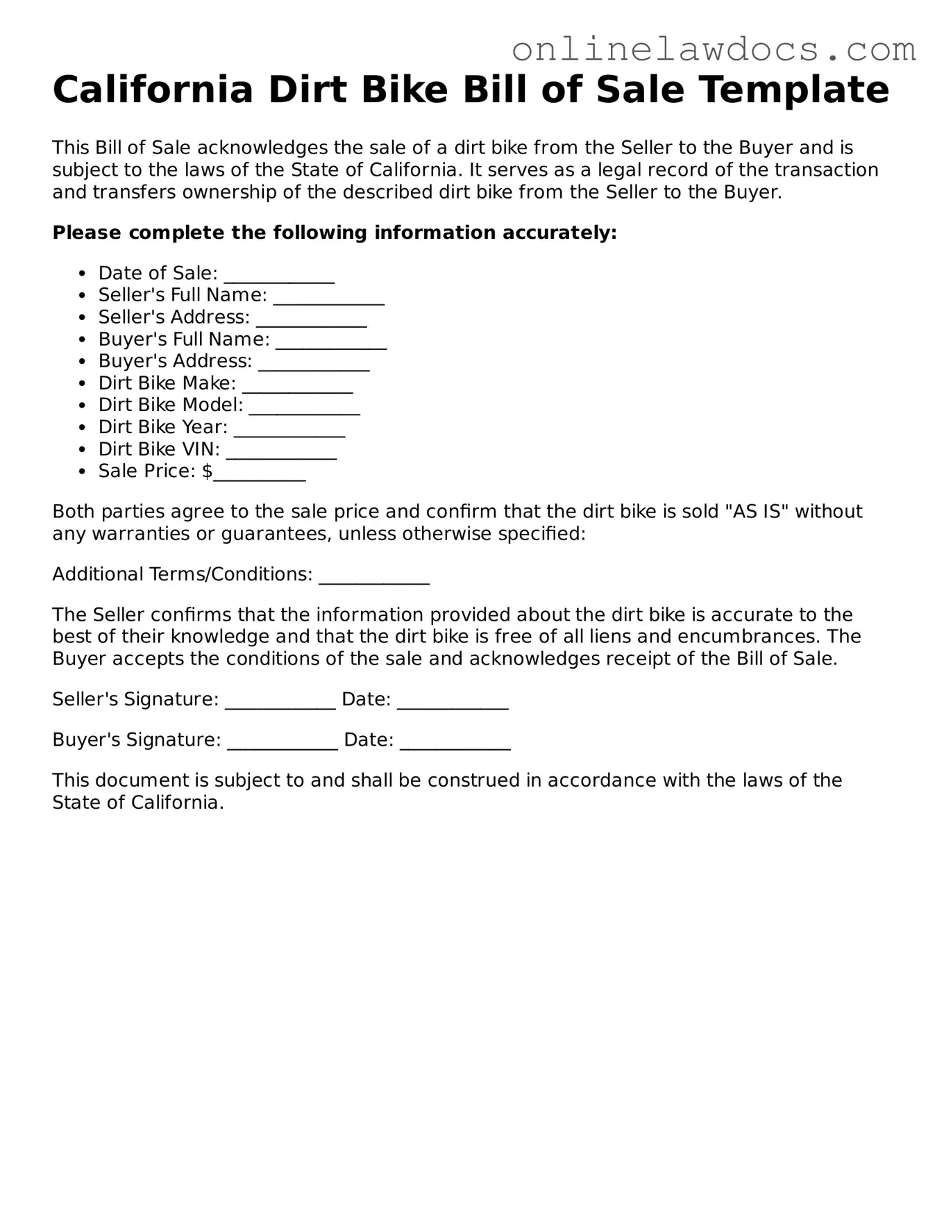 Legal  Dirt Bike Bill of Sale Document for California