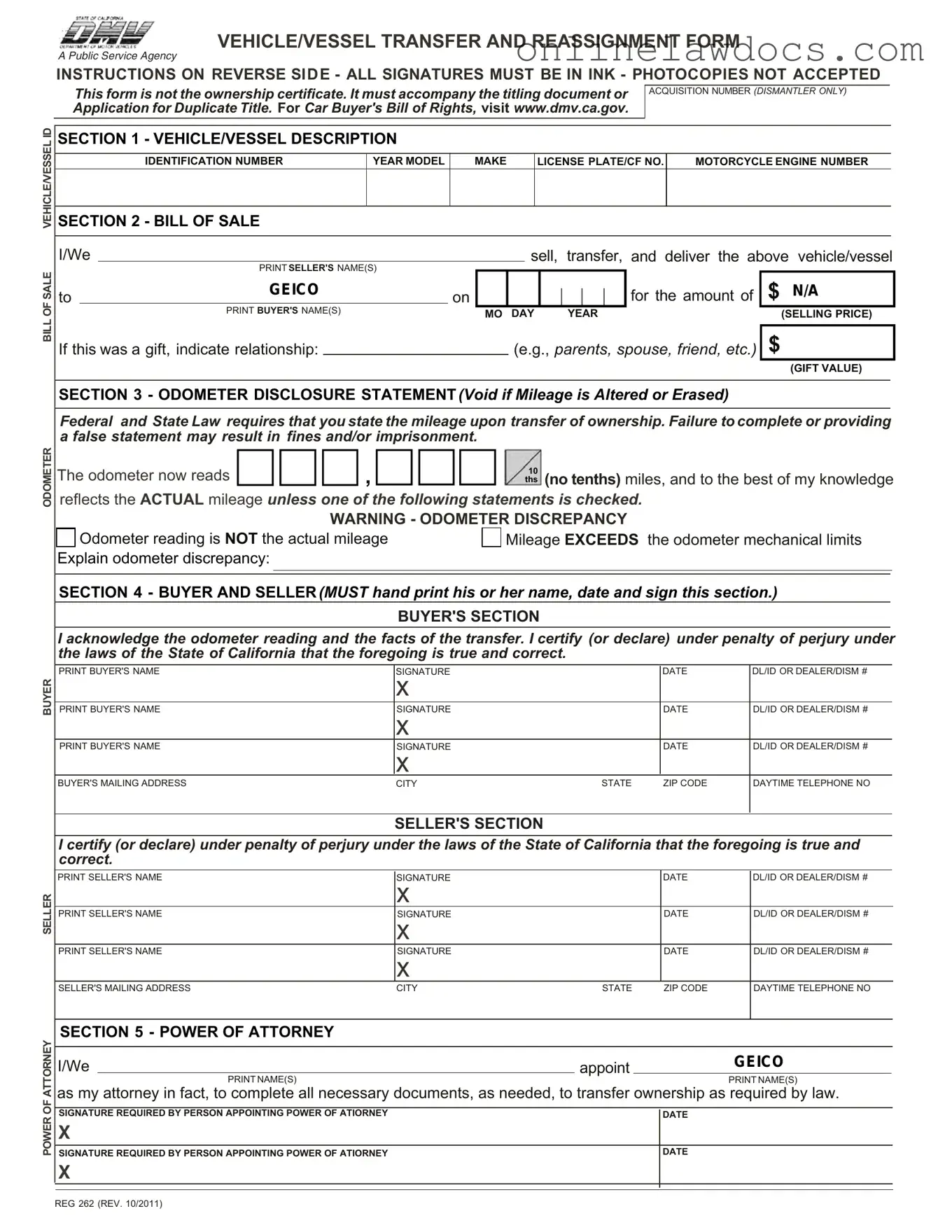 Fill a Valid California Fotm Reg 262 Form