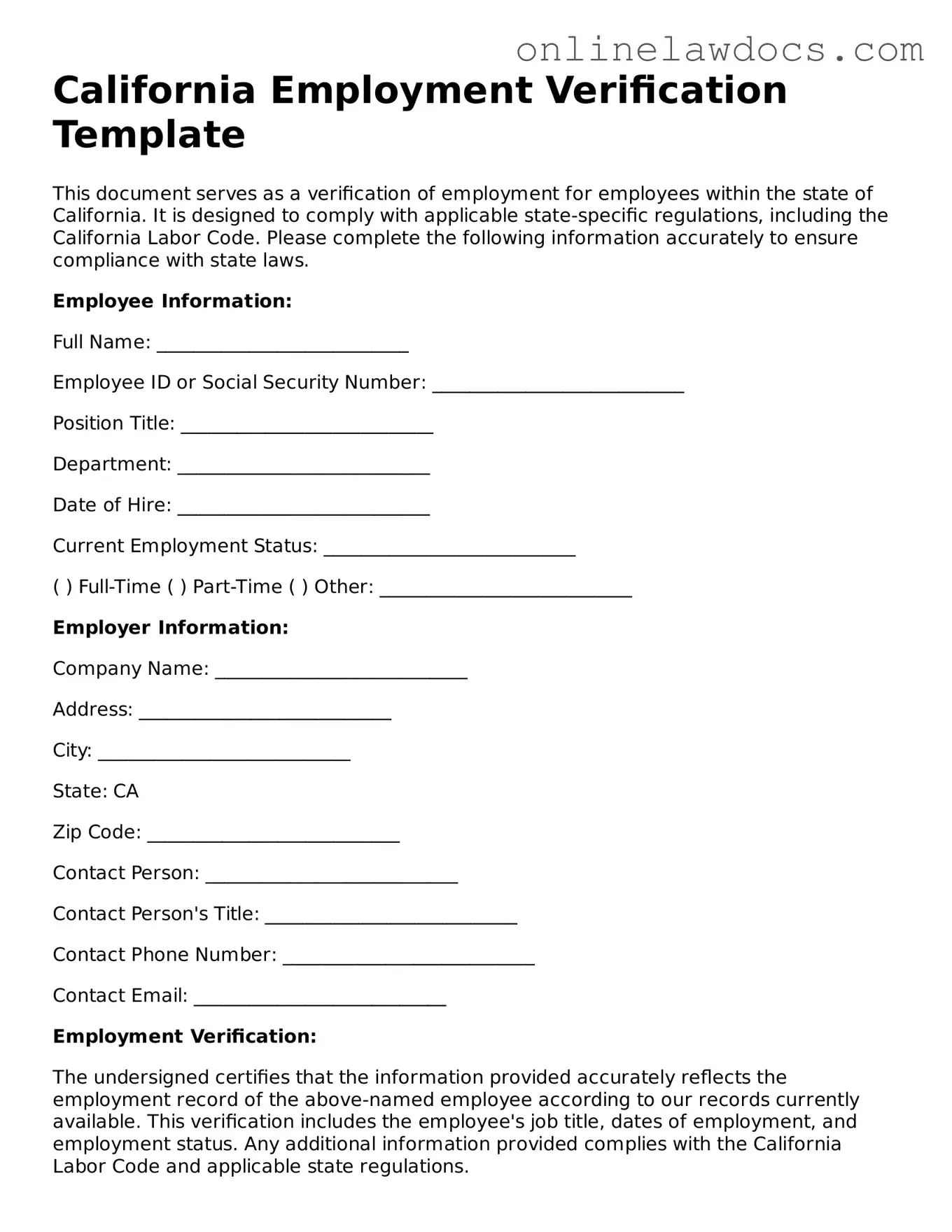 Legal  Employment Verification Document for California