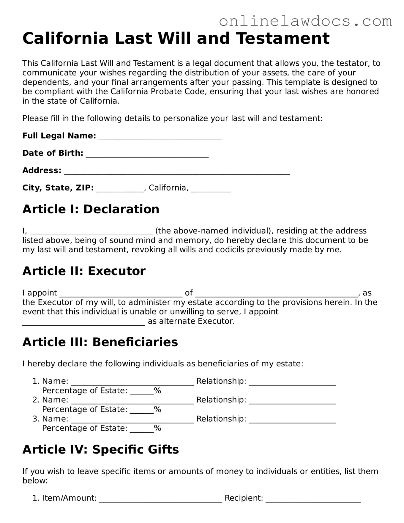 Legal  Last Will and Testament Document for California