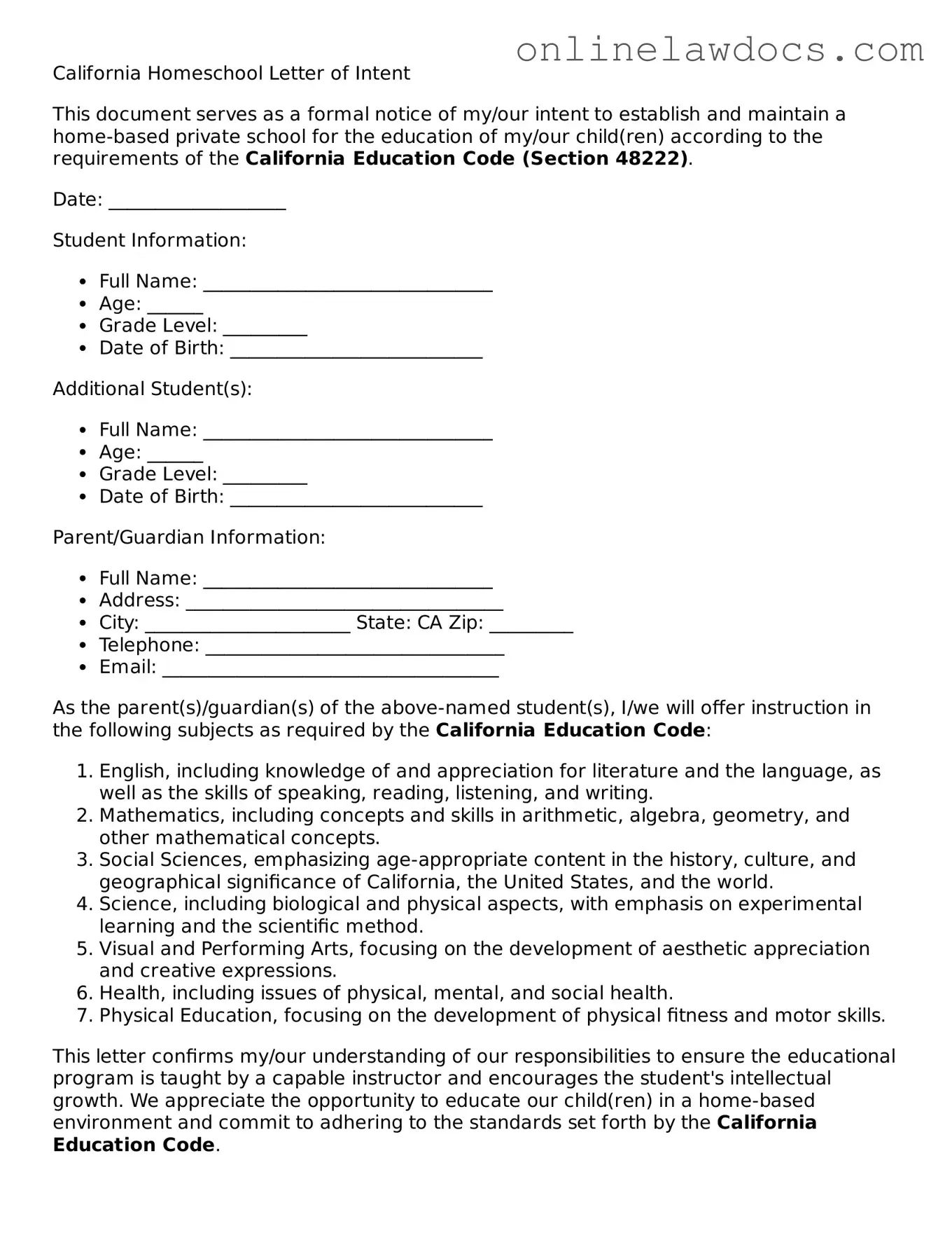 Legal  Homeschool Letter of Intent Document for California