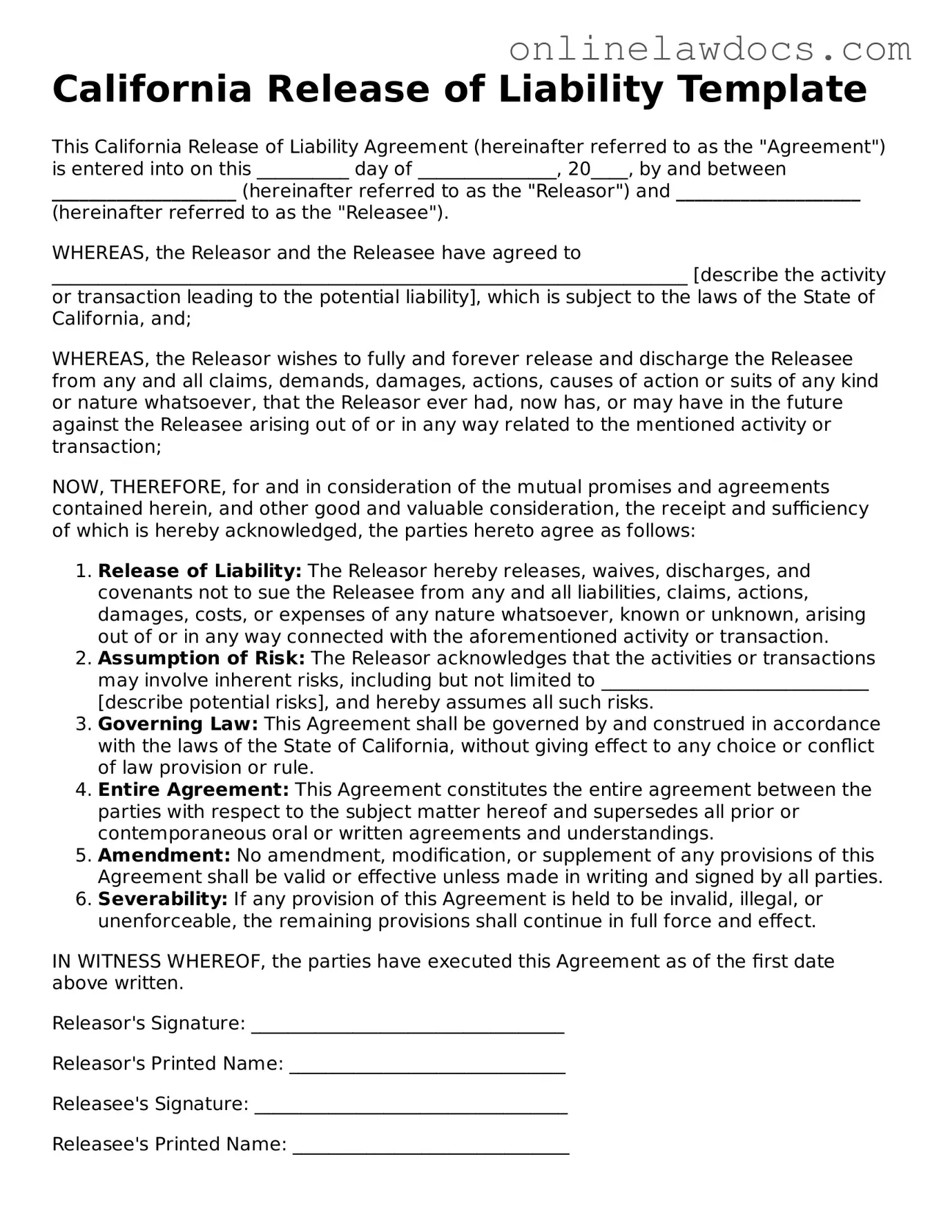 Legal  Release of Liability Document for California