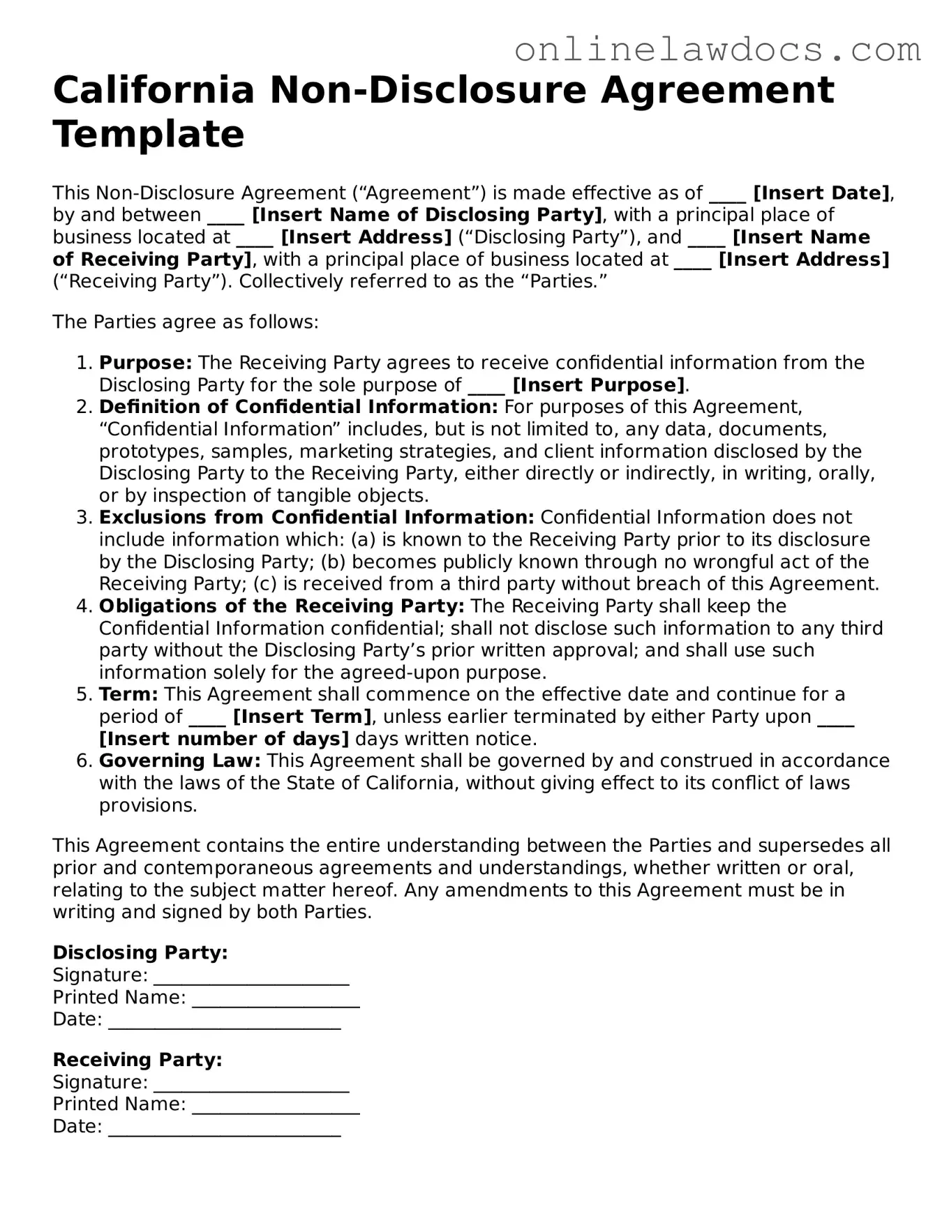 Legal  Non-disclosure Agreement Document for California