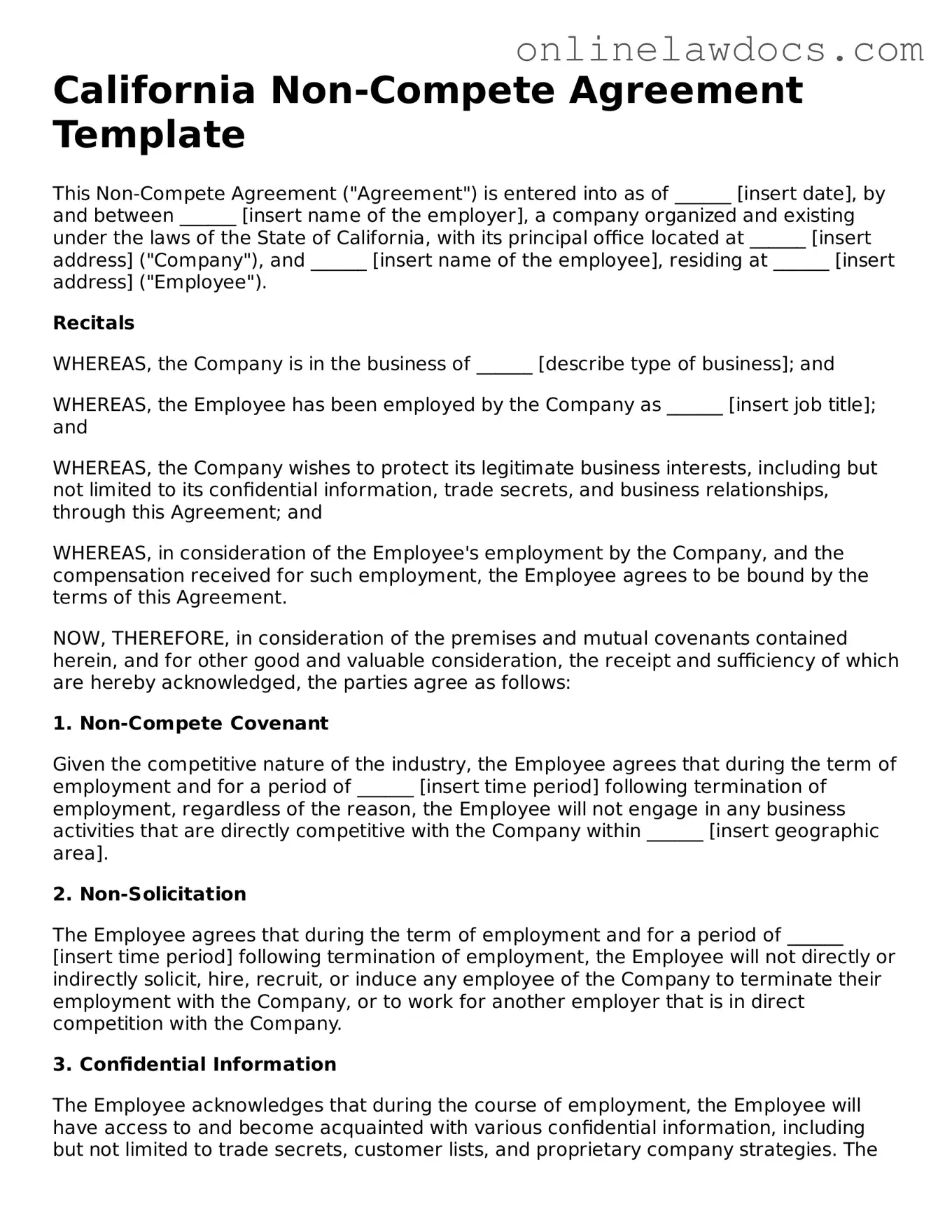 Legal  Non-compete Agreement Document for California