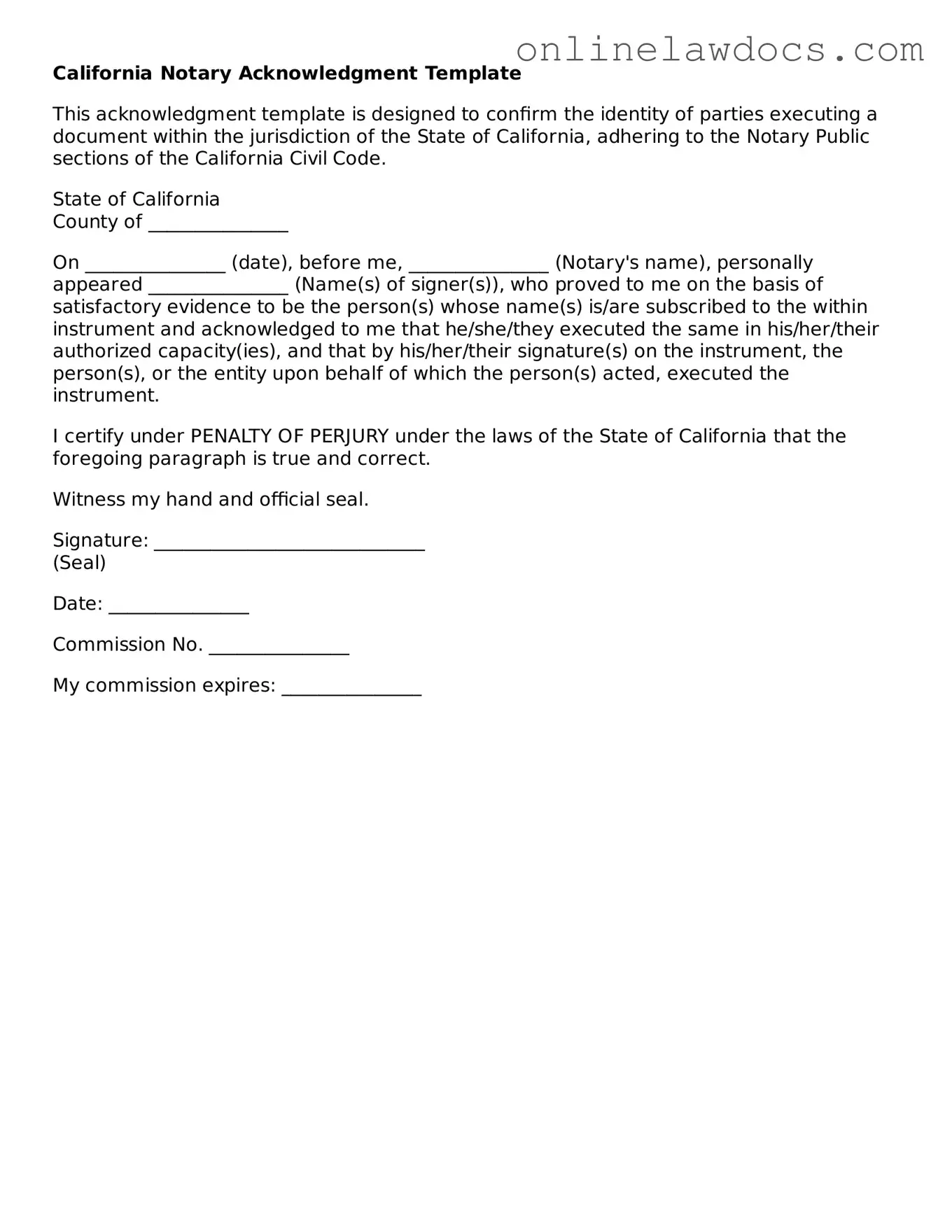 Legal  Notary Acknowledgement Document for California