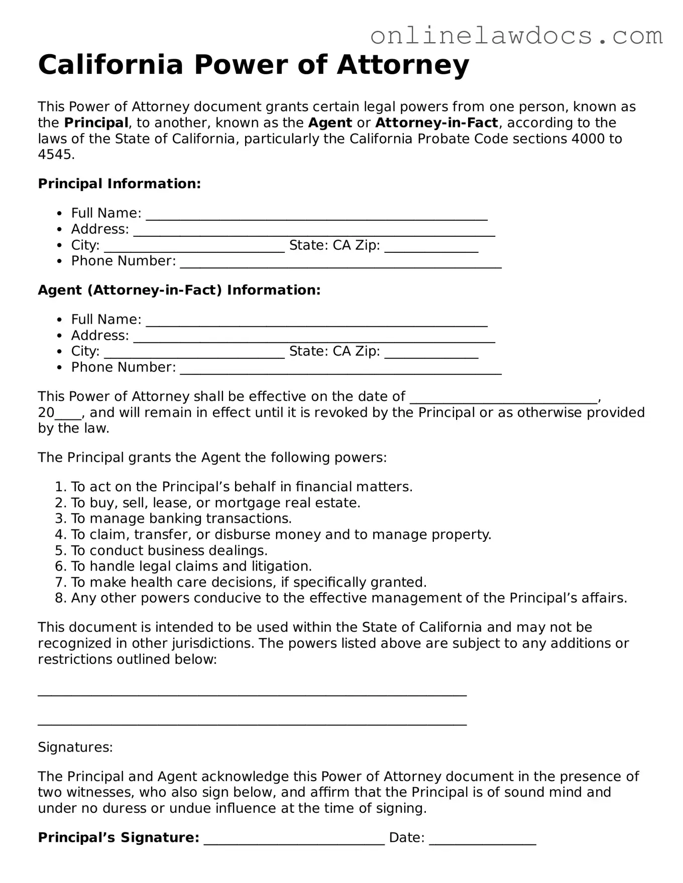 Legal  Power of Attorney Document for California