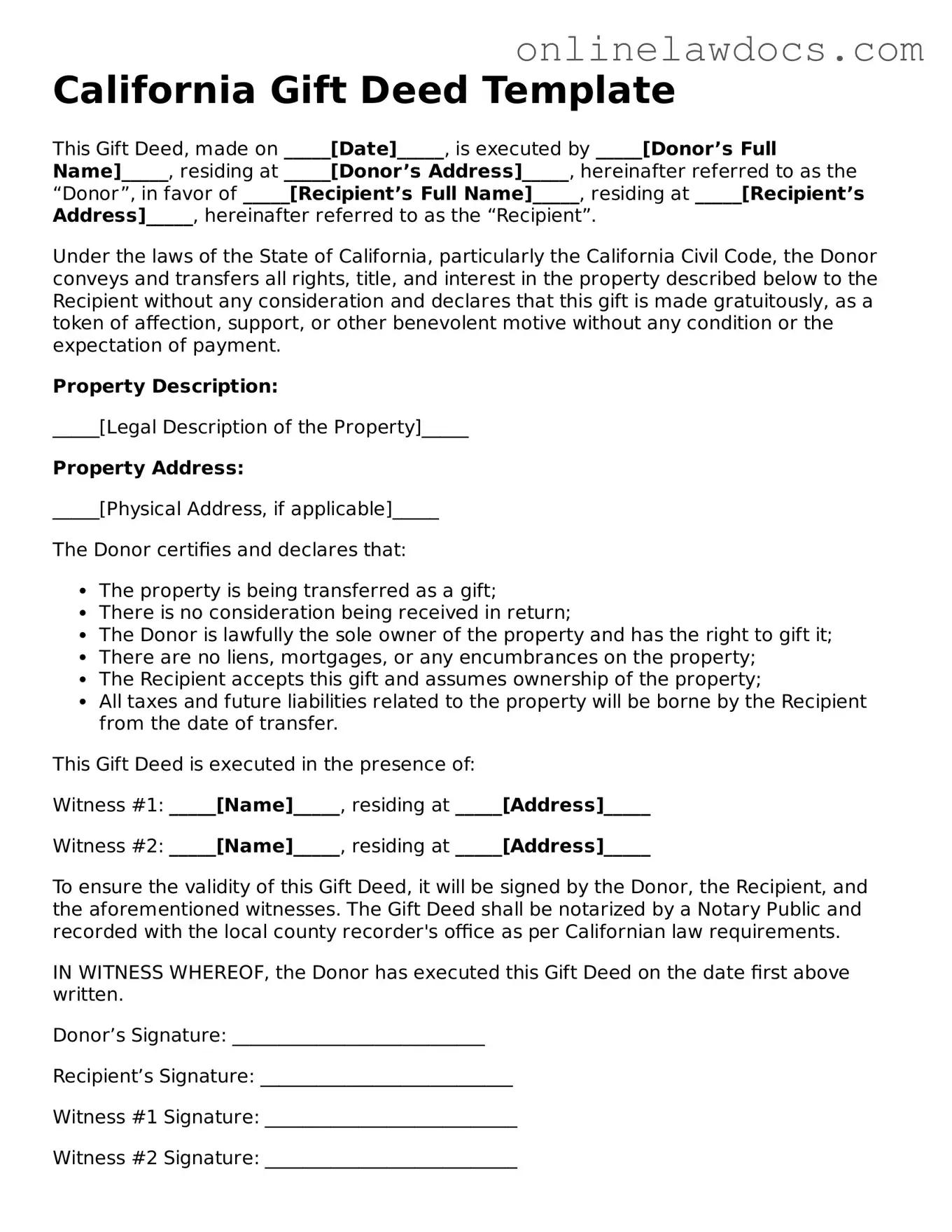 Legal  Gift Deed Document for California