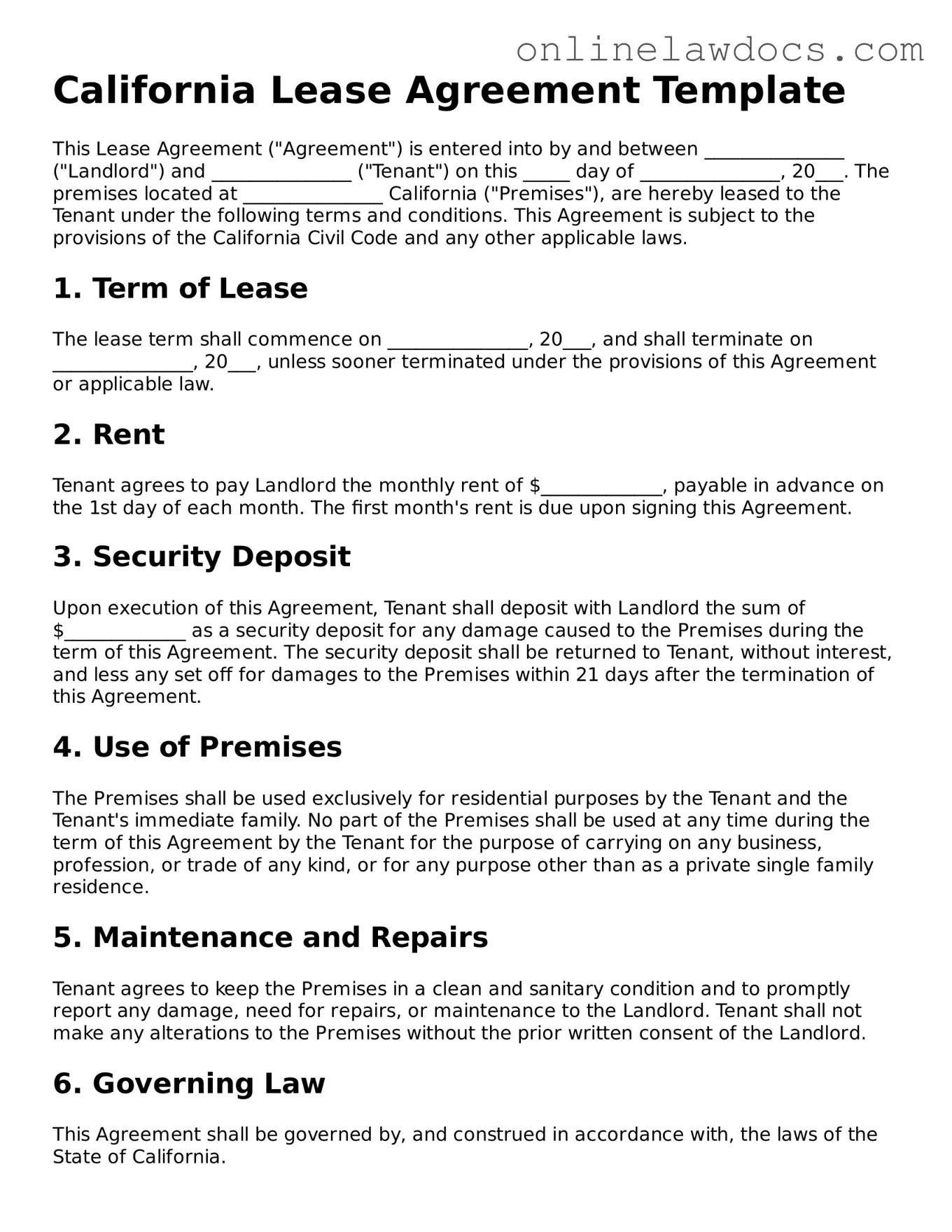 Legal  Lease Agreement Document for California