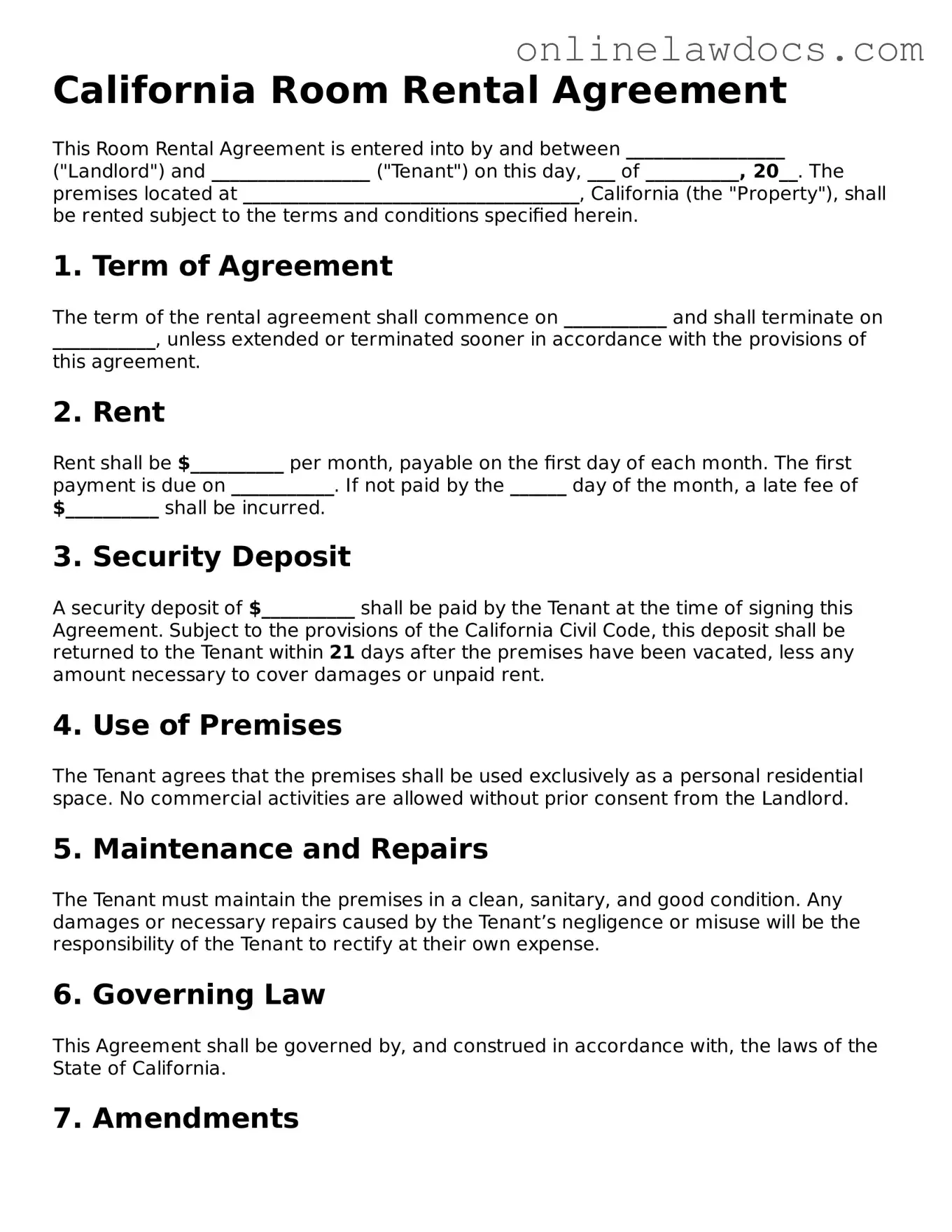 Legal  Room Rental Agreement Document for California