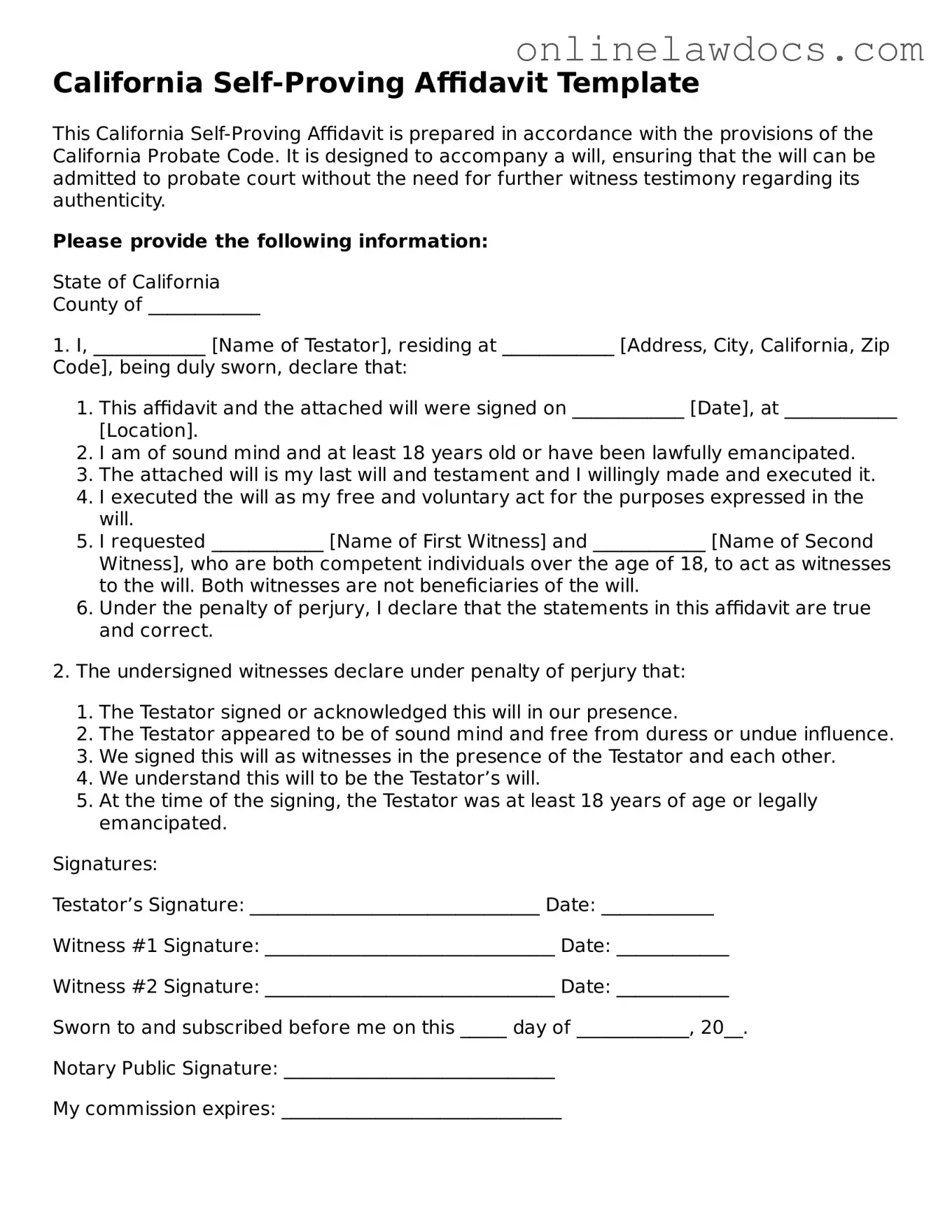 Legal  Self-Proving Affidavit Document for California
