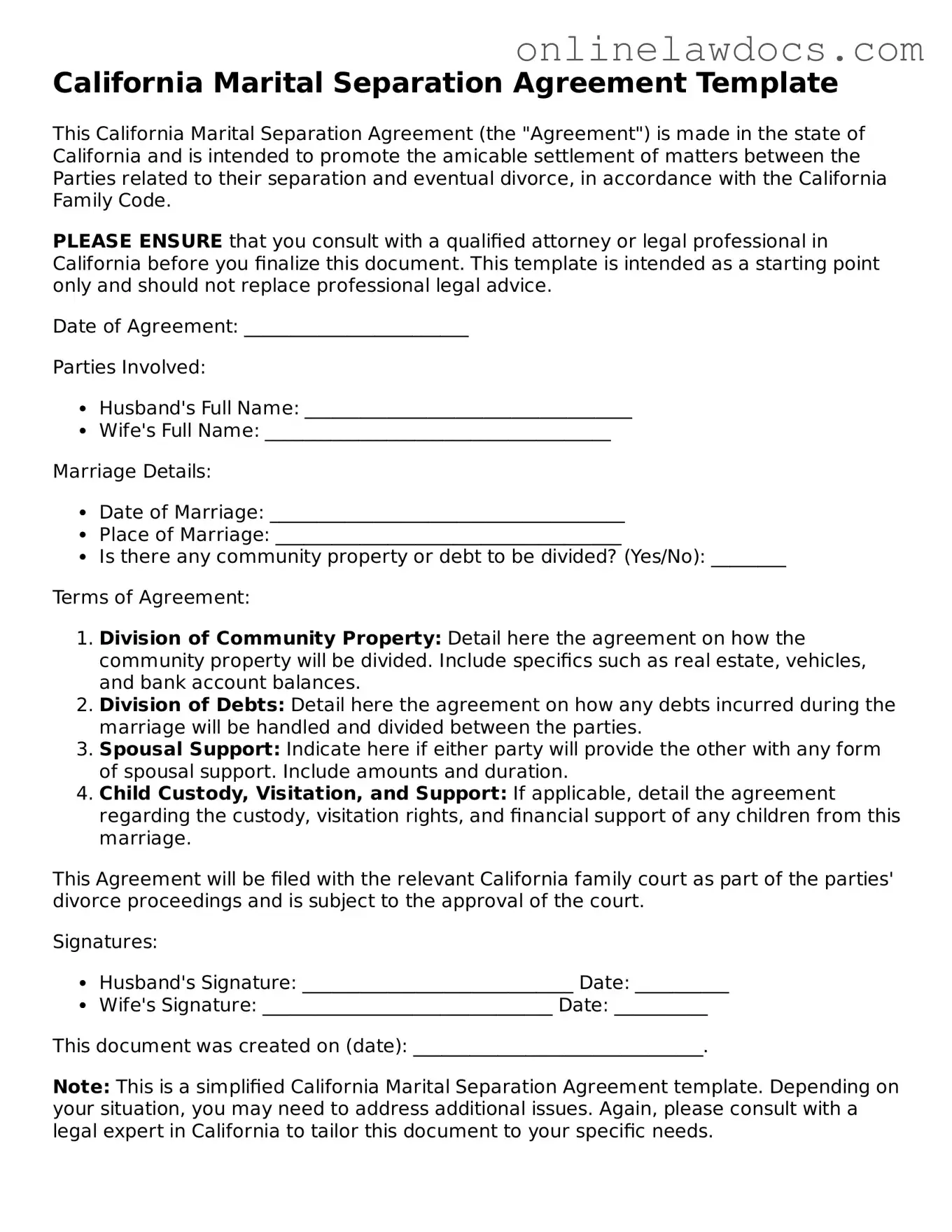 Legal  Marital Separation Agreement Document for California