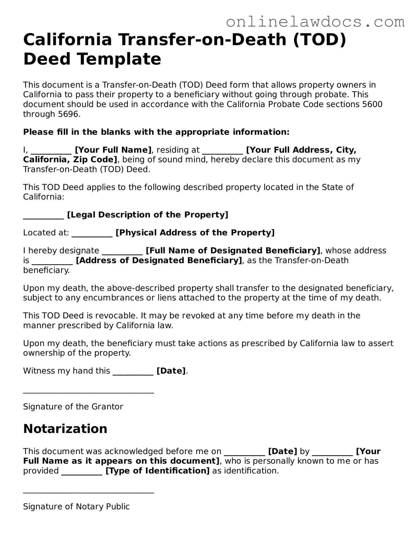 Legal  Transfer-on-Death Deed Document for California