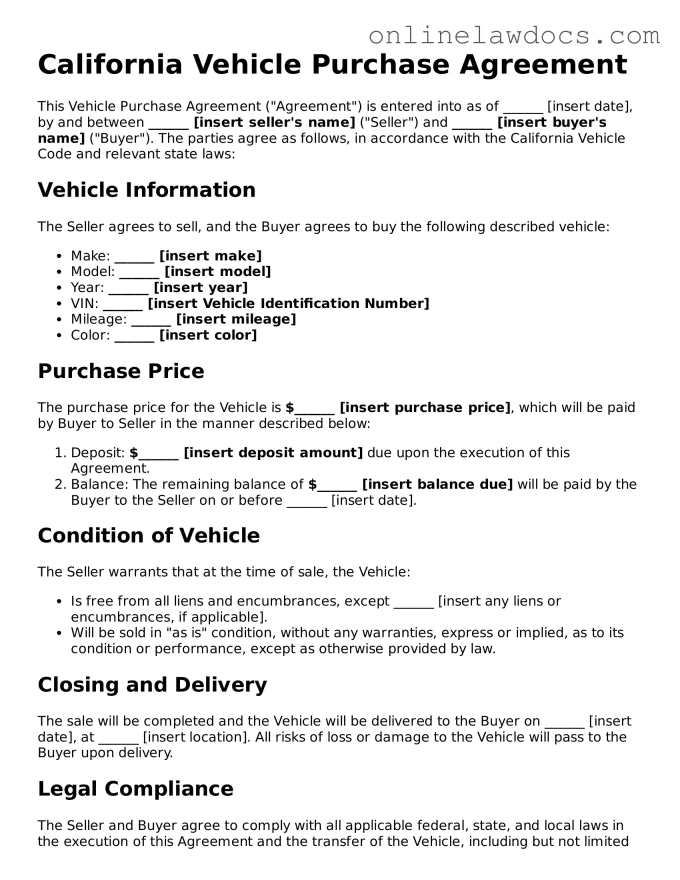 Legal  Vehicle Purchase Agreement Document for California