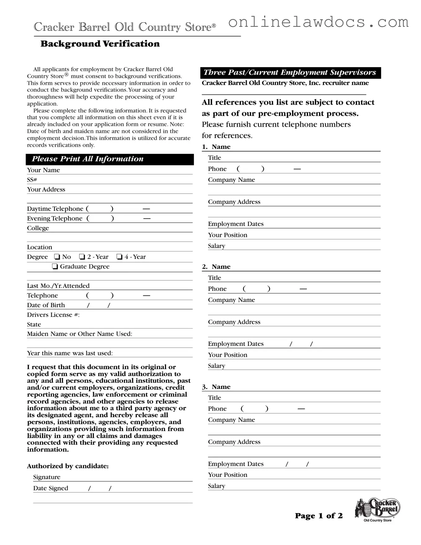 Fill a Valid Cracker Barrel Background Check Form