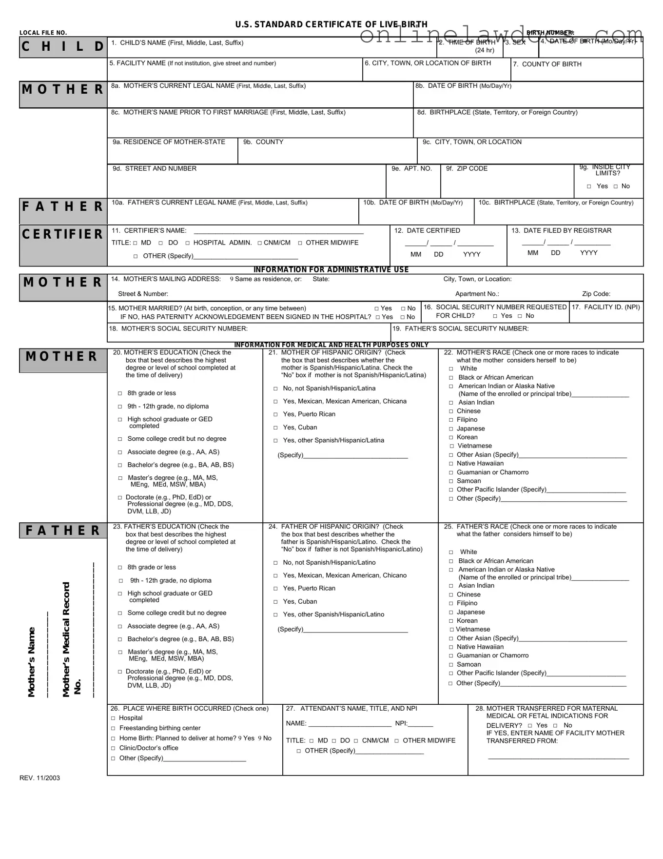 Fill a Valid CDC U.S. Standard Certificate of Live Birth Form