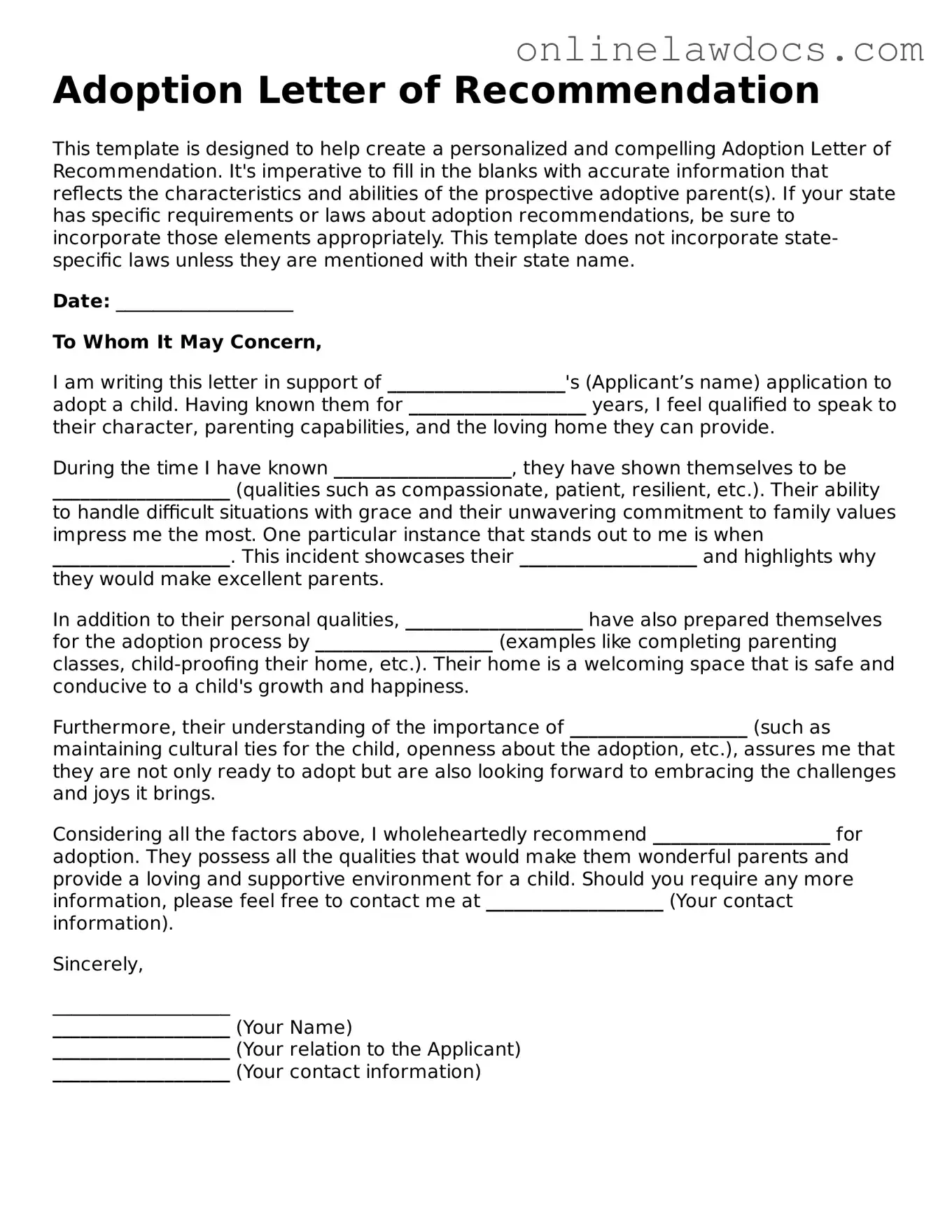 Free Adoption Letter of Recommendation Document