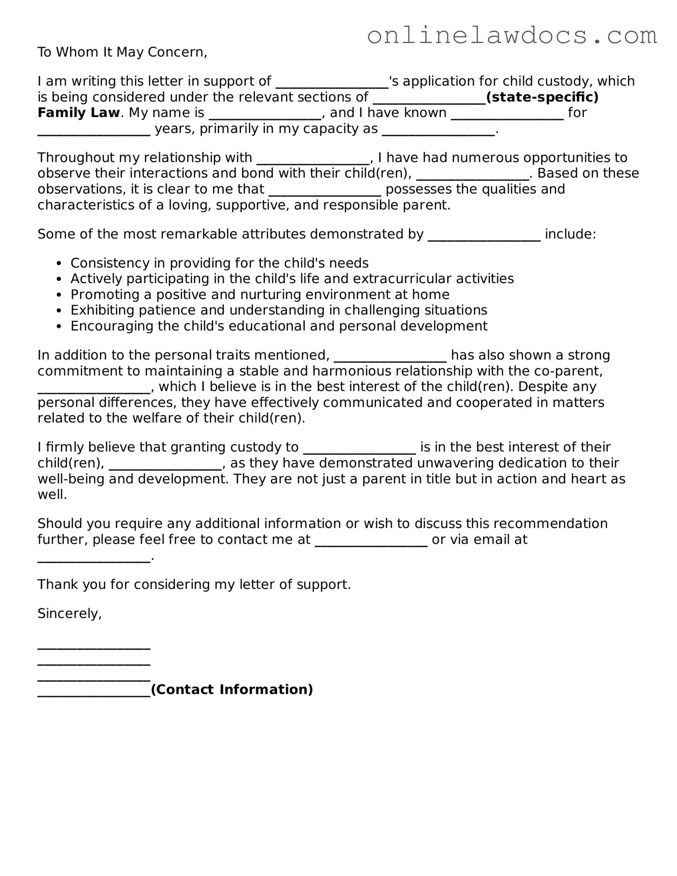 Free Character Reference Letter for Child Custody Document