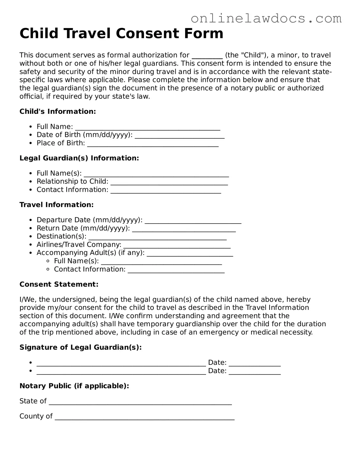 Free Child Travel Consent Form Document