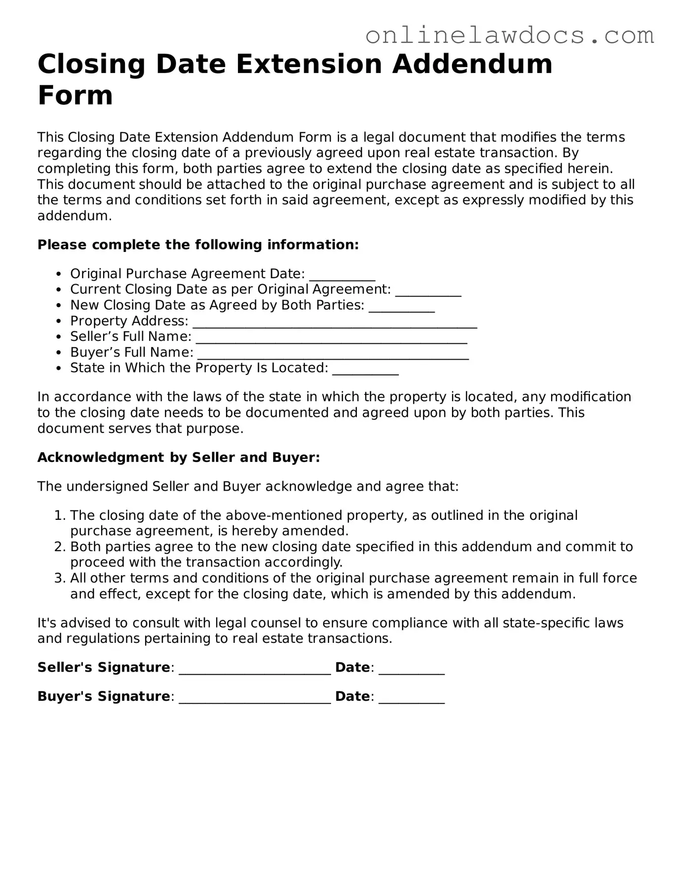 Free Closing Date Extension Addendum Form Document