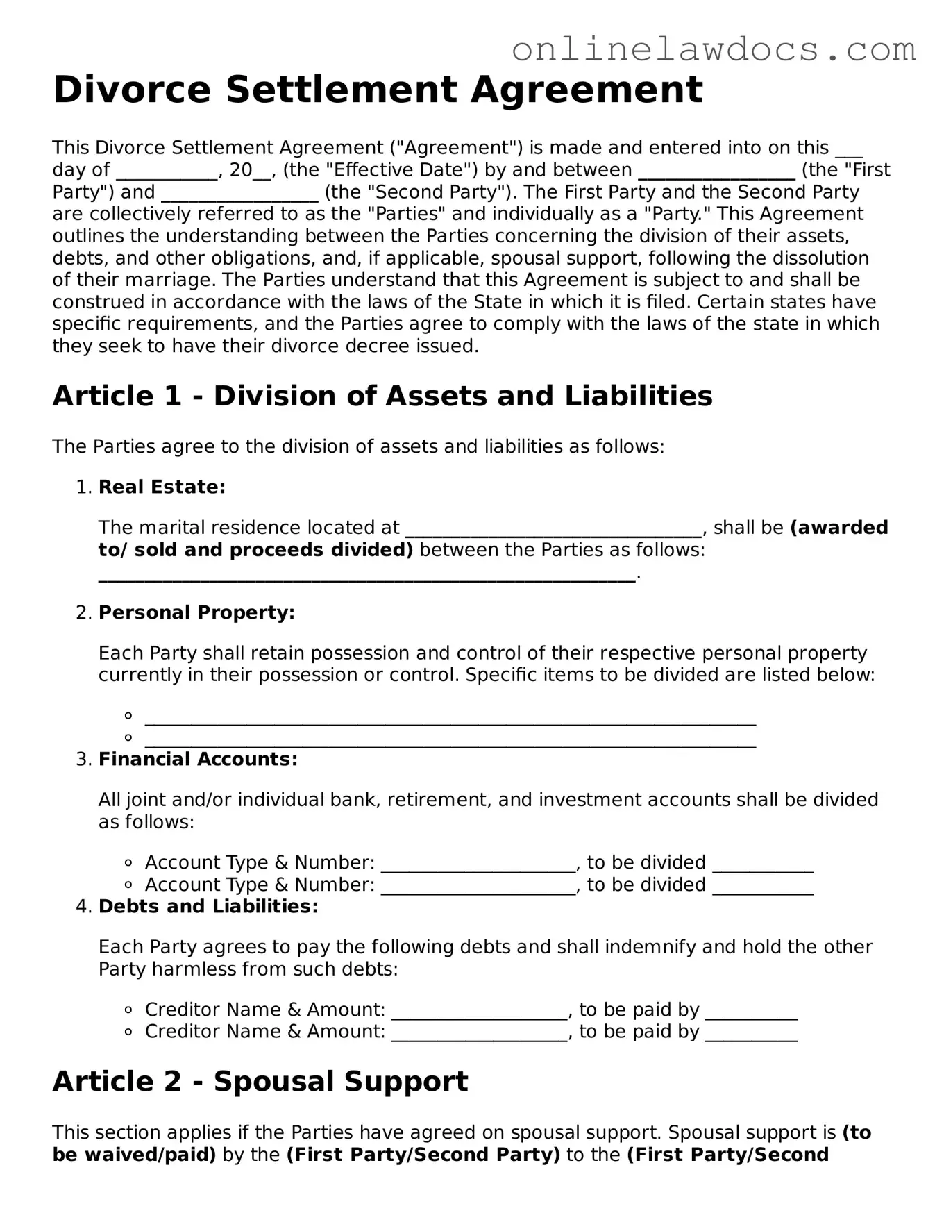 Free Divorce Settlement Agreement Document