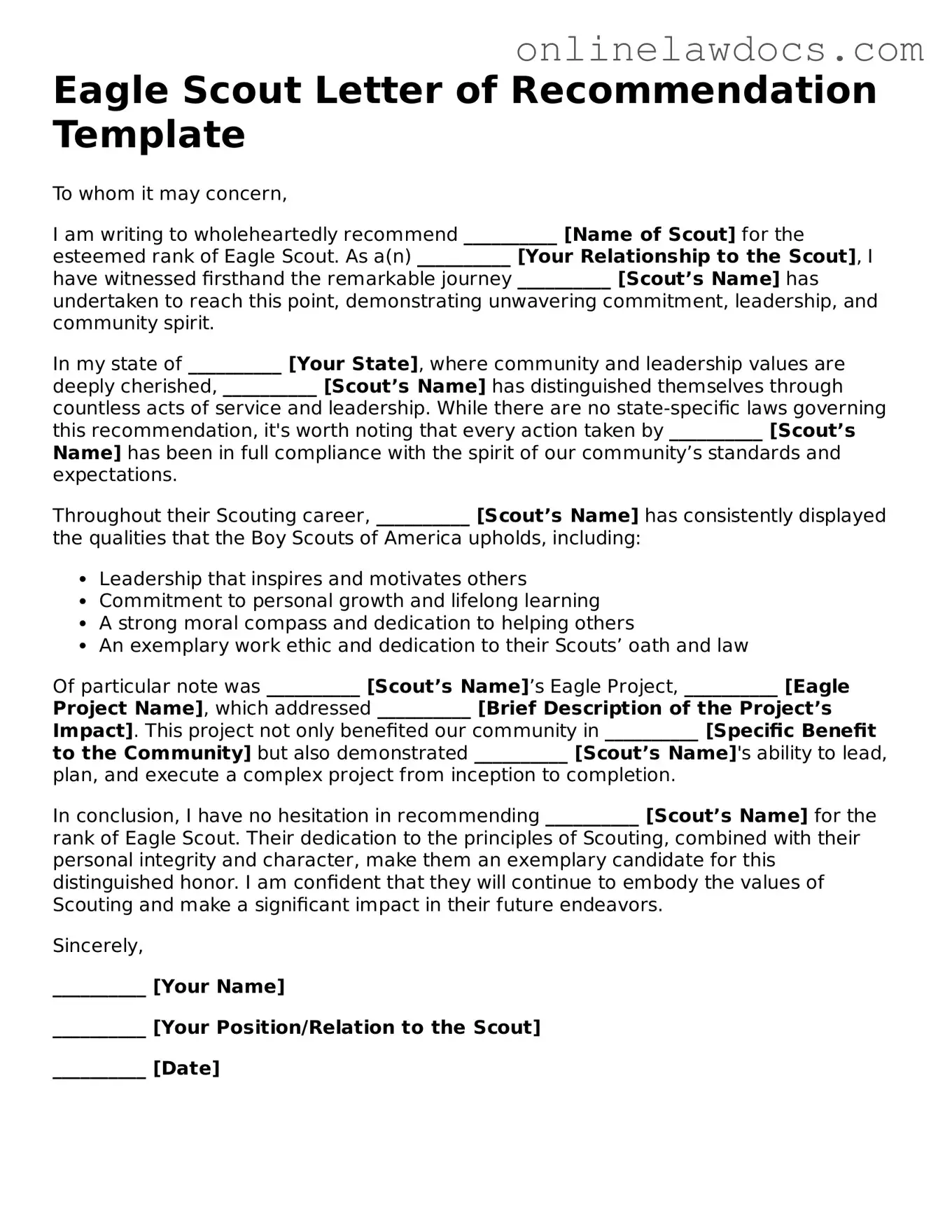 Free Eagle Scout Letter of Recommendation Document