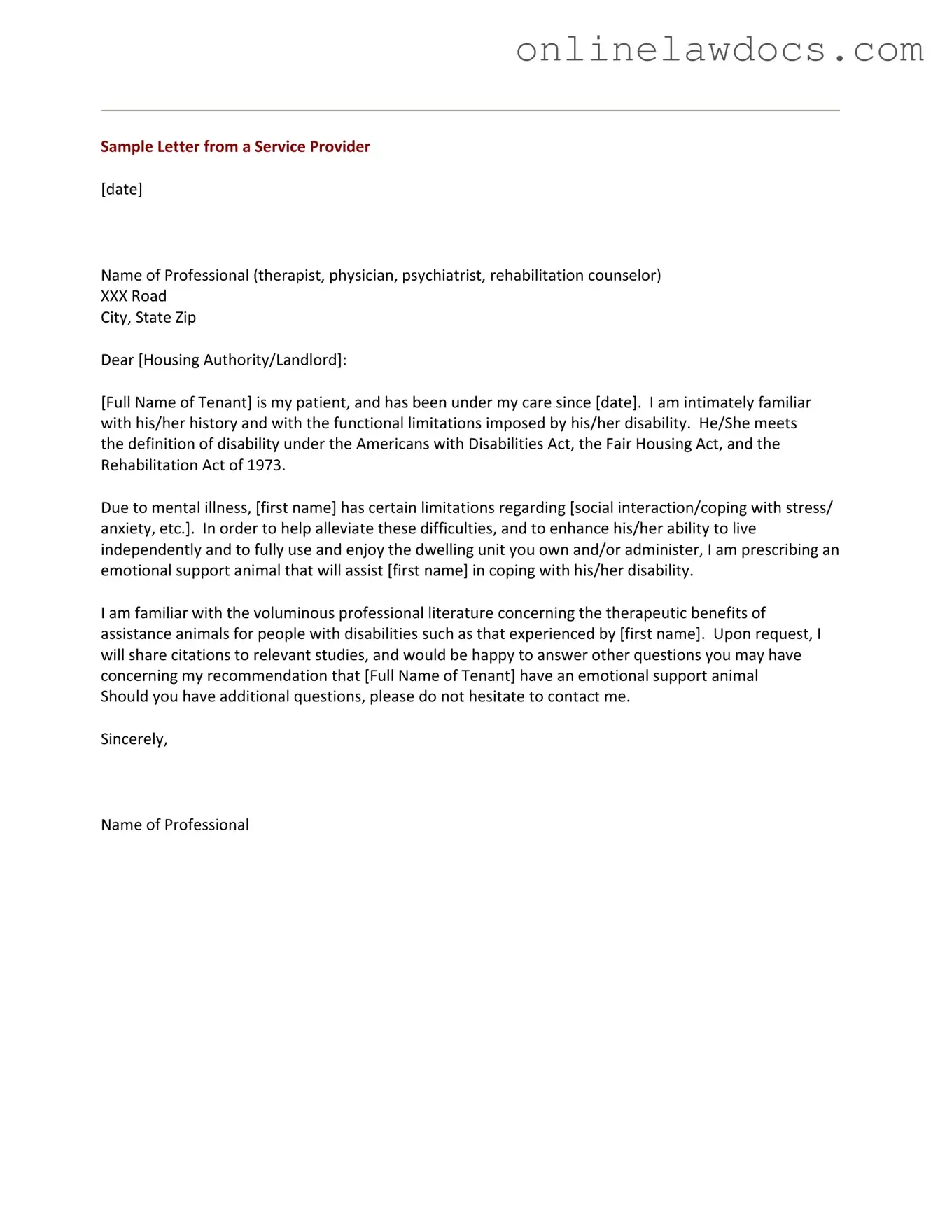 Fill a Valid Emotional Support Animal Letter Form
