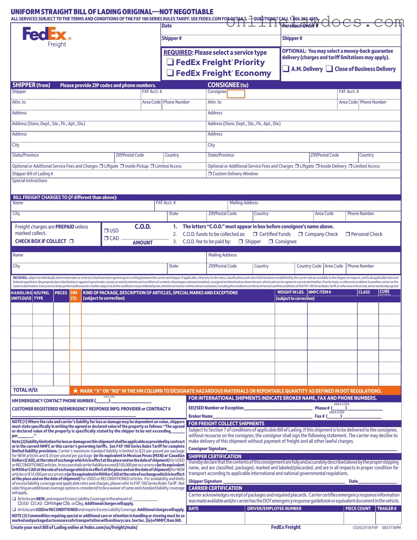 Fill a Valid Fedex Bill Of Lading Form