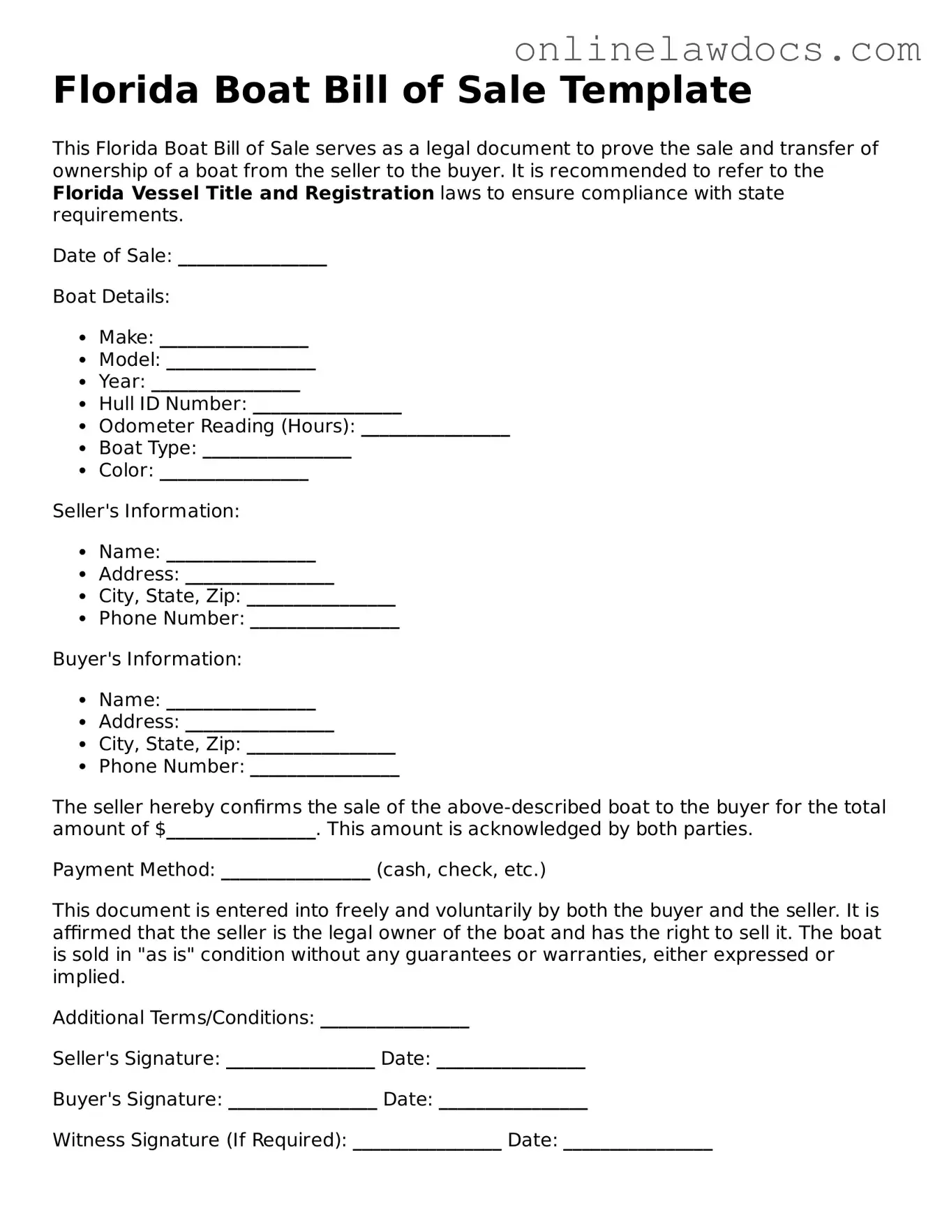 Legal  Boat Bill of Sale Document for Florida