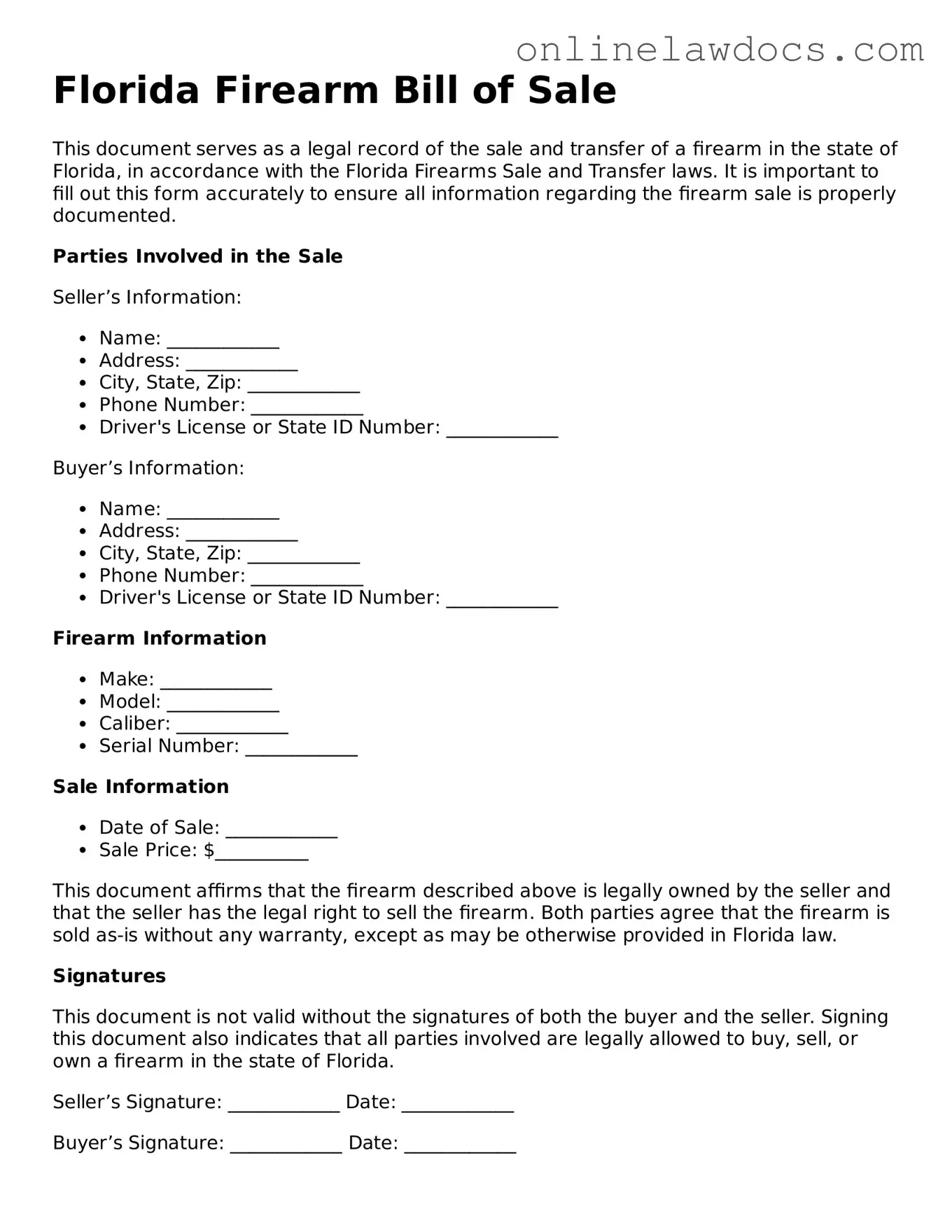 Legal  Firearm Bill of Sale Document for Florida