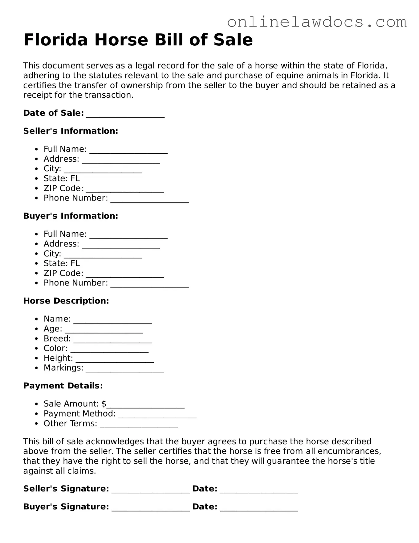 Legal  Horse Bill of Sale Document for Florida