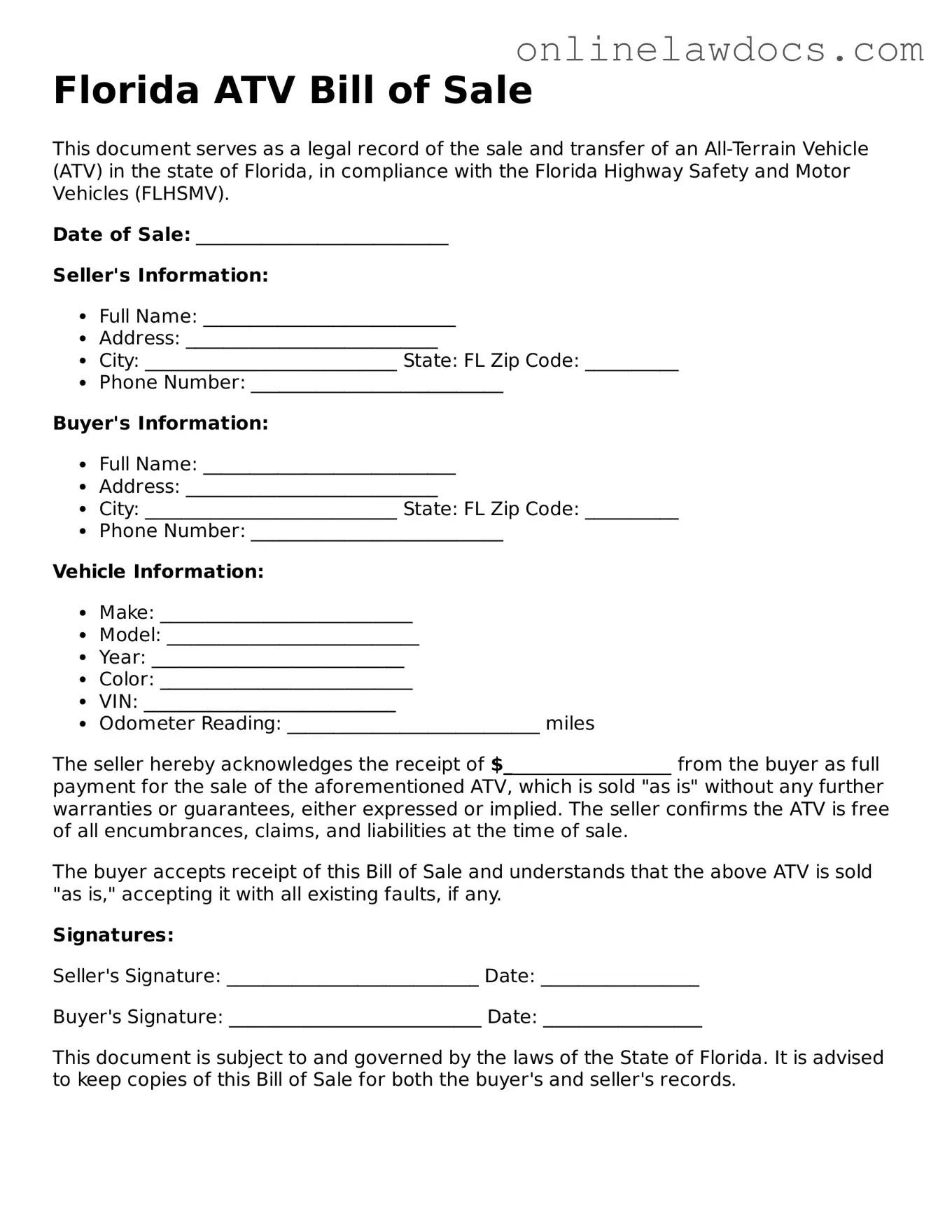 Legal  ATV Bill of Sale Document for Florida