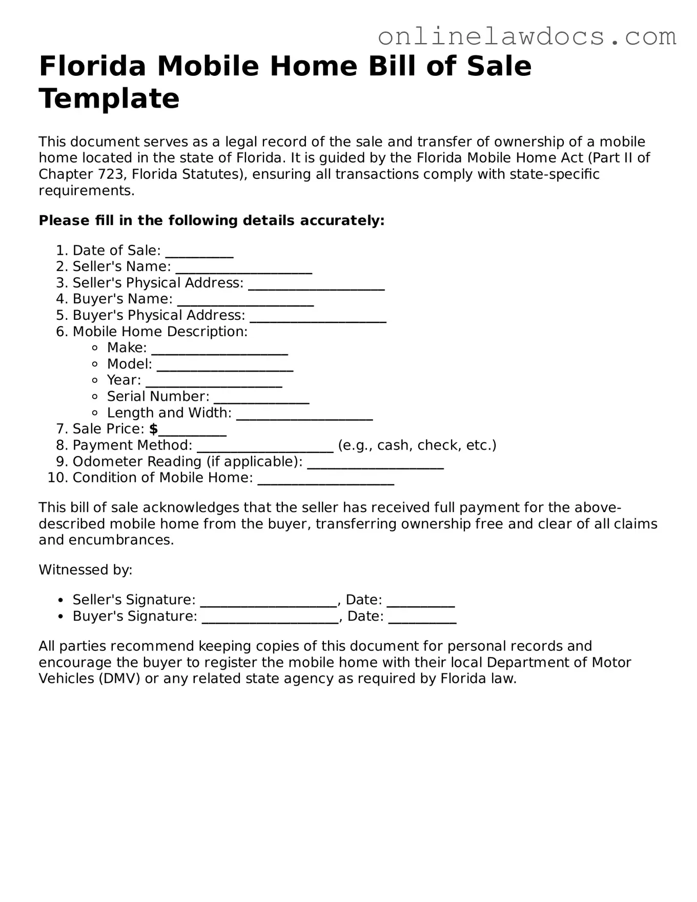 Legal  Mobile Home Bill of Sale Document for Florida