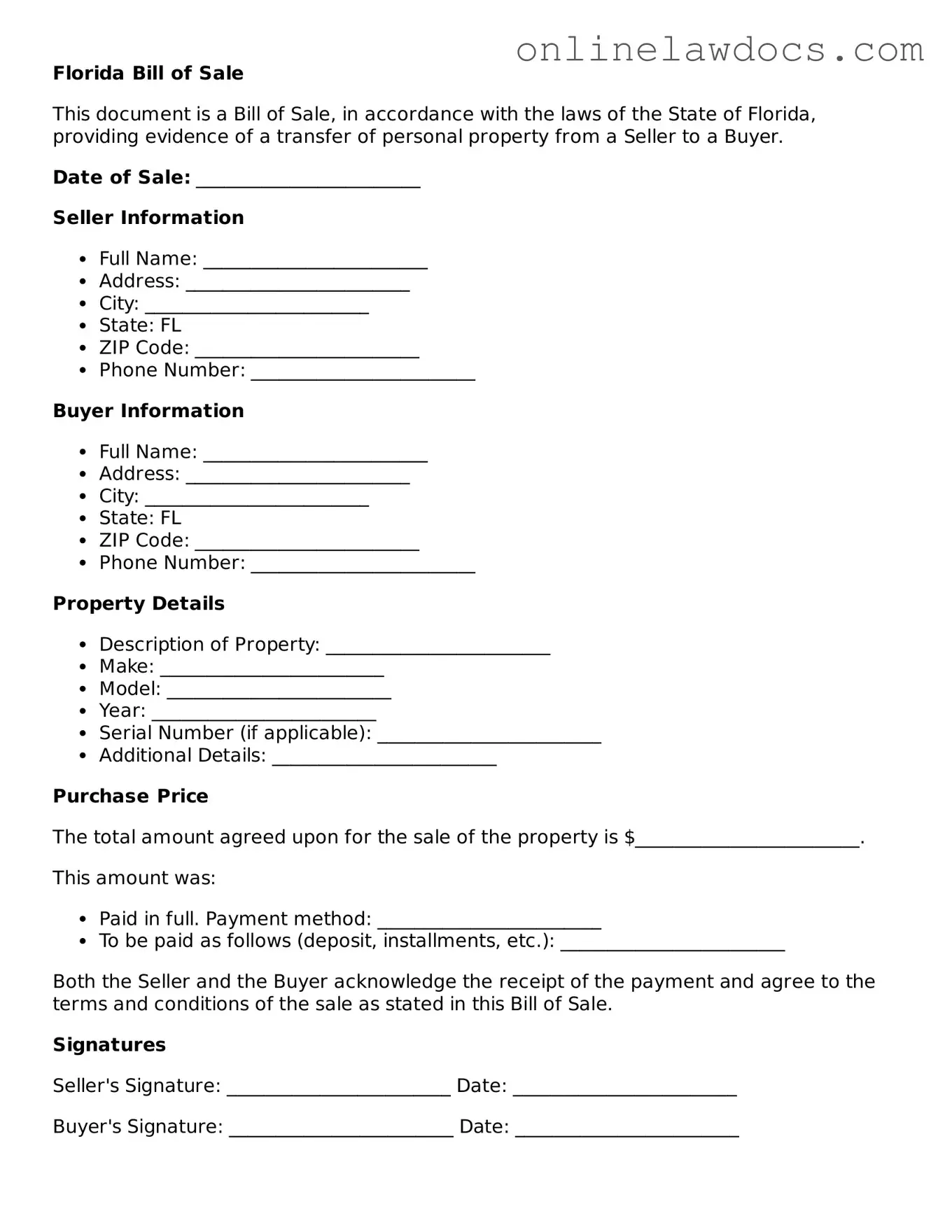 Legal  Bill of Sale Document for Florida