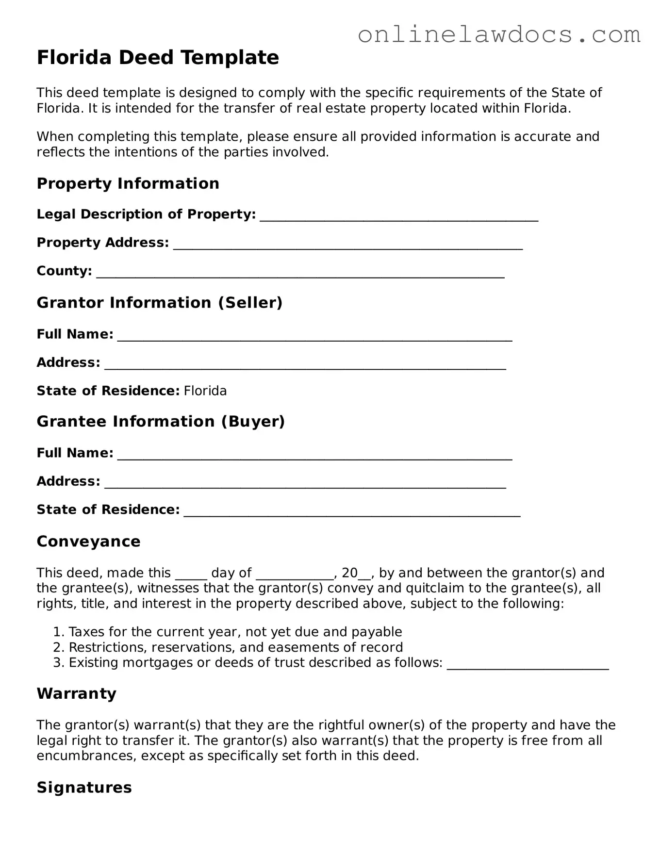 Legal  Deed Document for Florida
