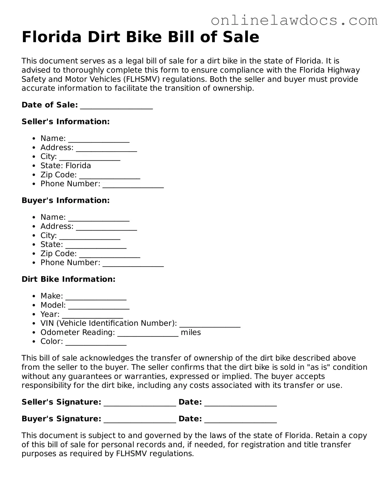 Legal  Dirt Bike Bill of Sale Document for Florida