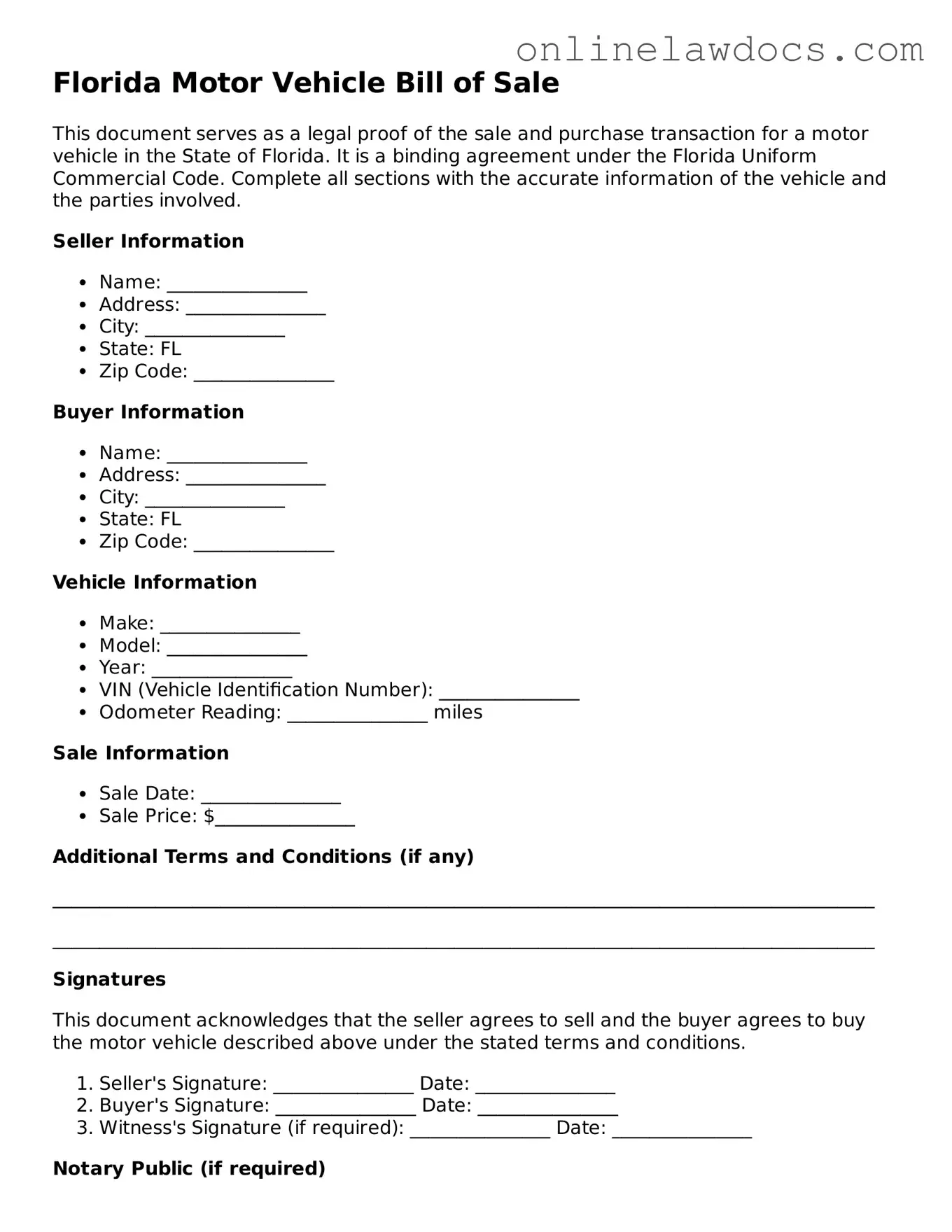 Legal  Motor Vehicle Bill of Sale Document for Florida
